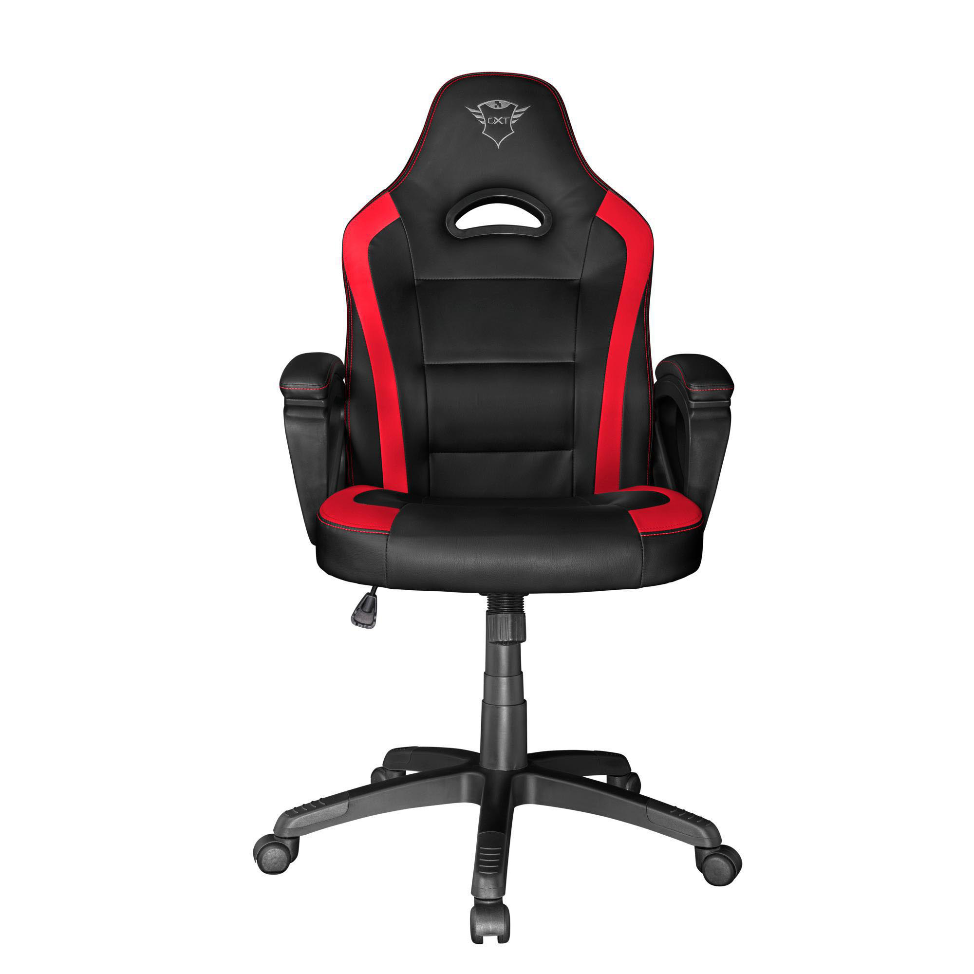Schwarzer und roter Gaming-Stuhl mit Kopfstütze.
