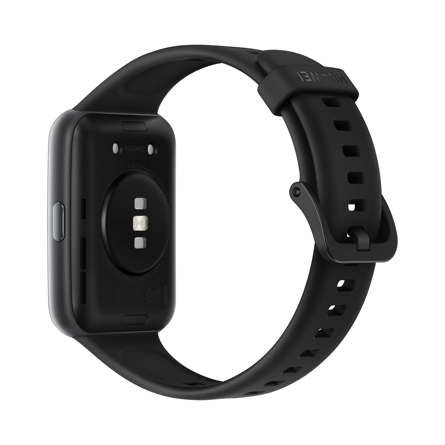 Black Huawei smartwatch back view, with band attached. Sensors and brand visible.