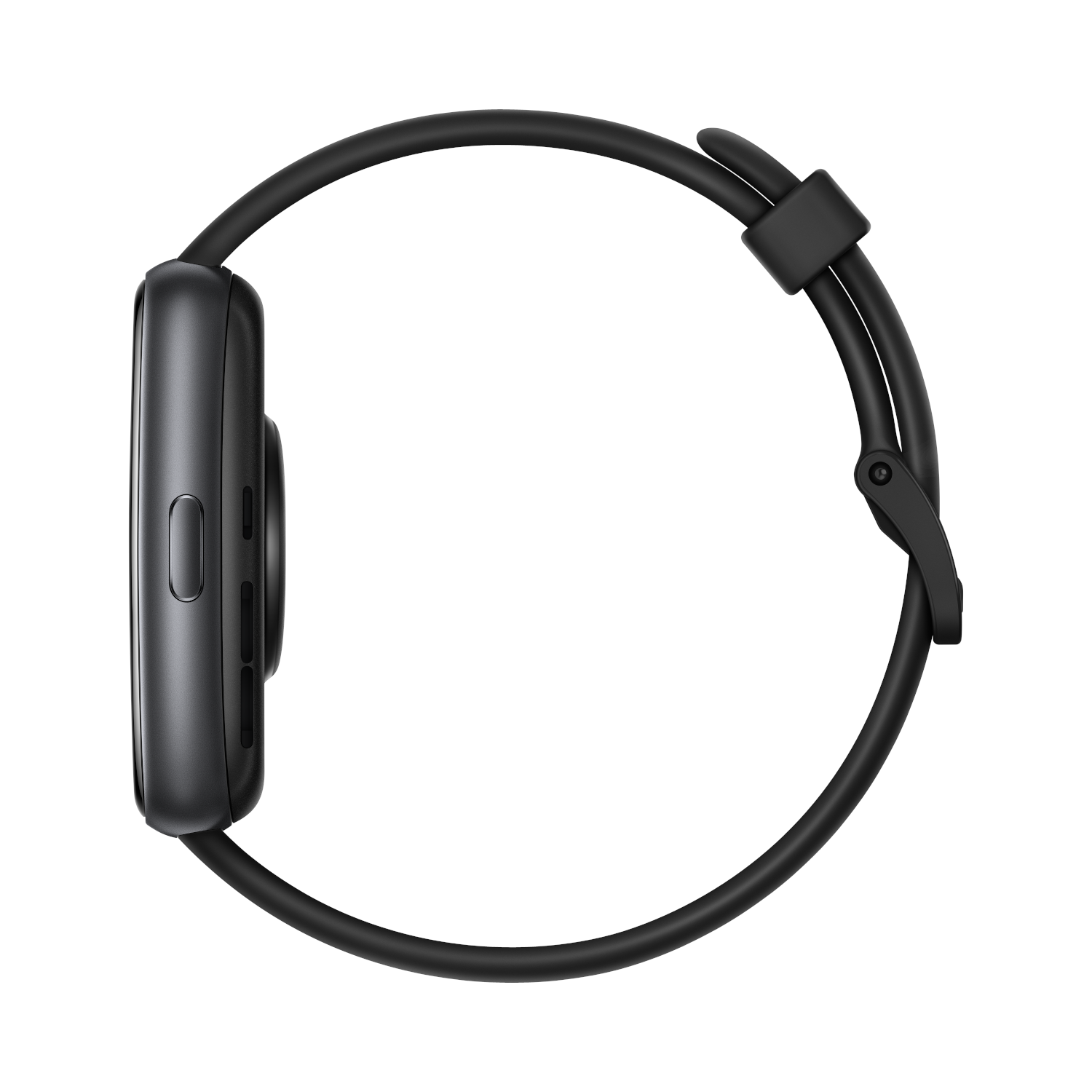 A black smartwatch on a black band. The watch face is rectangular with curved edges.