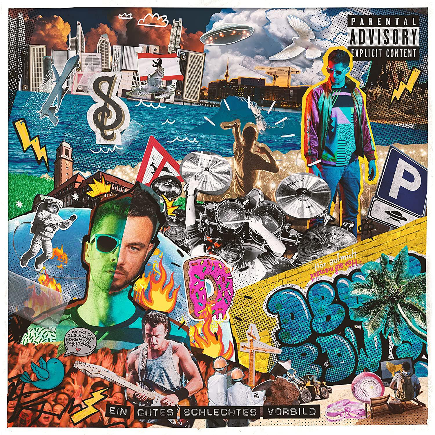 Albumcover mit einer Collage aus Bildern und Text, einschließlich Mann und Donut.