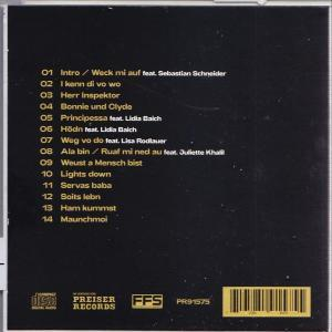Rückseite eines CD-Albums mit Titelliste. Text in Gelb auf dunklem Hintergrund. FFS-Logo sichtbar.
