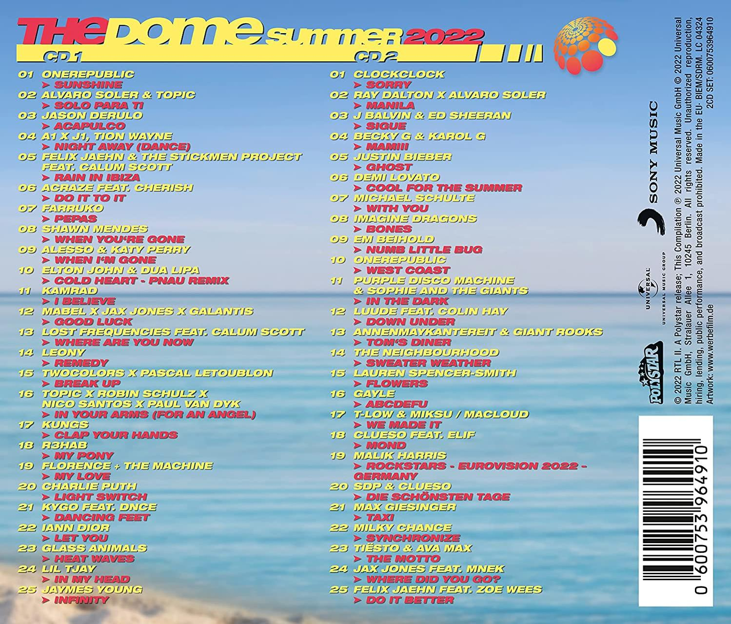 CD-Cover mit Titellisten für The Dome Summer 2022. Verfügt über eine Sommerstimmung und einen Farbverlauf.