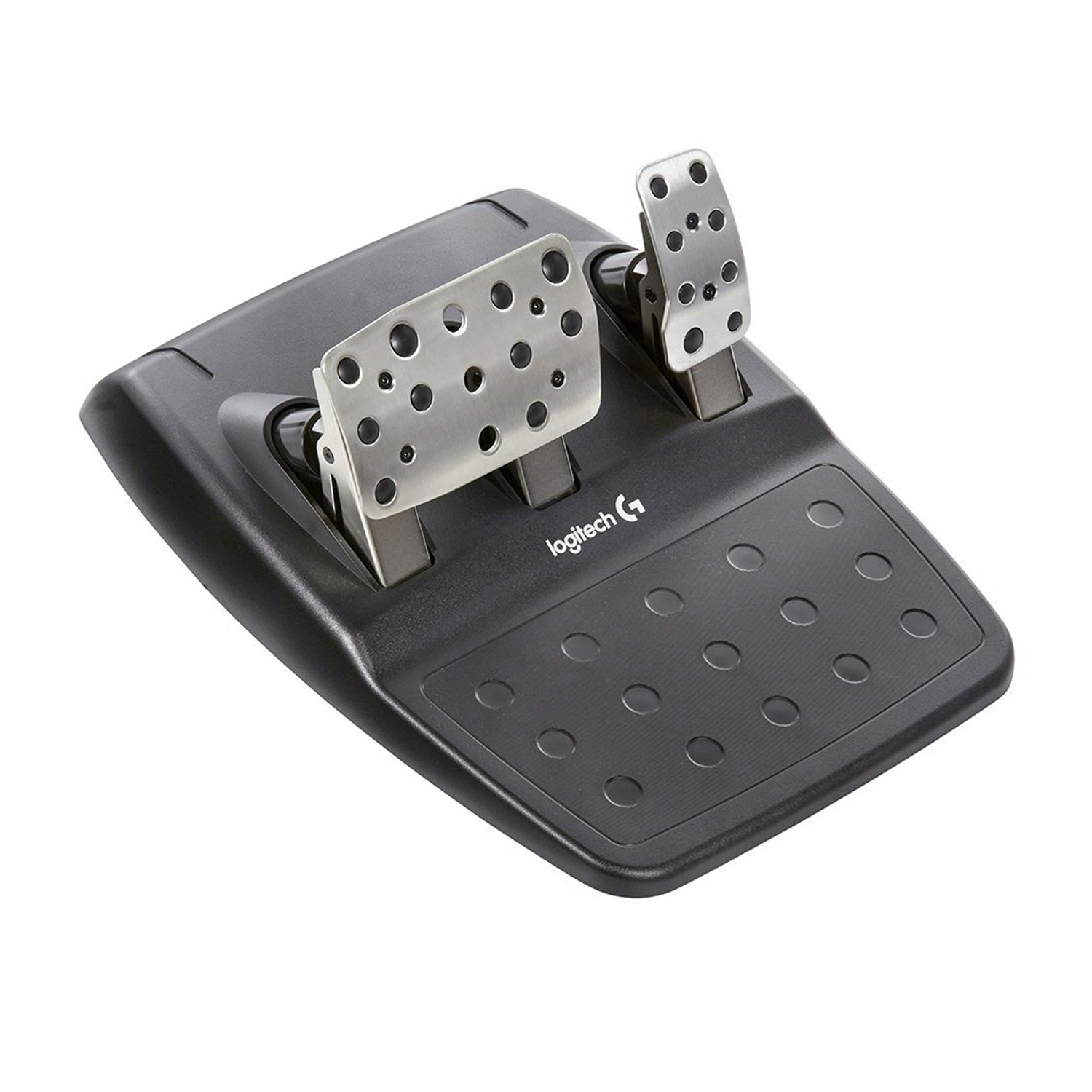 Un set di pedali da corsa Logitech G neri. Ha pedali e una base con poggiapiedi.