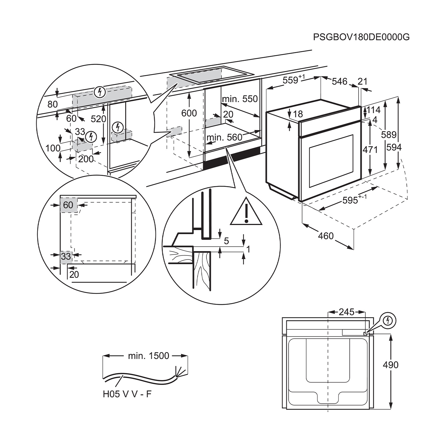 Disegno tecnico di un forno a incasso, con dimensioni e dettagli di installazione.