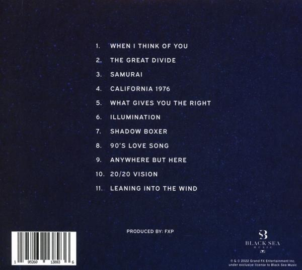 Egy CD hátlapján 11 dalt sorolnak fel, köztük a 'When I Think of You' és a 'Samurai' címűt, sötétkék csillagos háttér előtt.