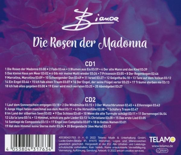 CD-Cover mit deutschem Text. Der Titel lautet Die Rosen der Madonna. Listet 18 Songs auf.