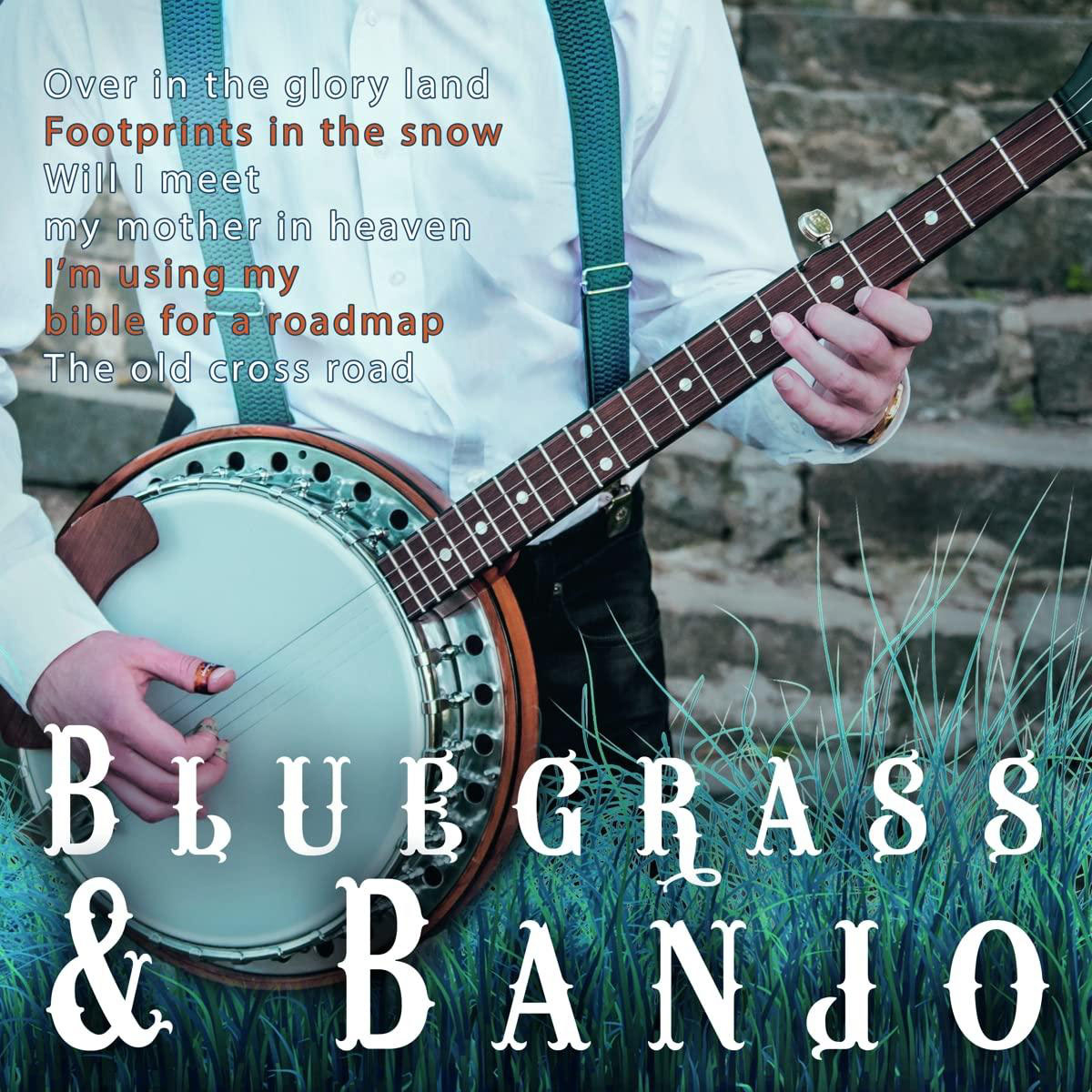 Nahaufnahme eines Banjos mit Noten und den Worten 'Bluegrass & Banjo'.