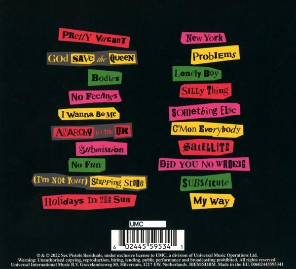 Pochette d'album avec des titres de chansons en plusieurs couleurs : Pretty Vacant, God Save the Queen, Bodies, et plus.