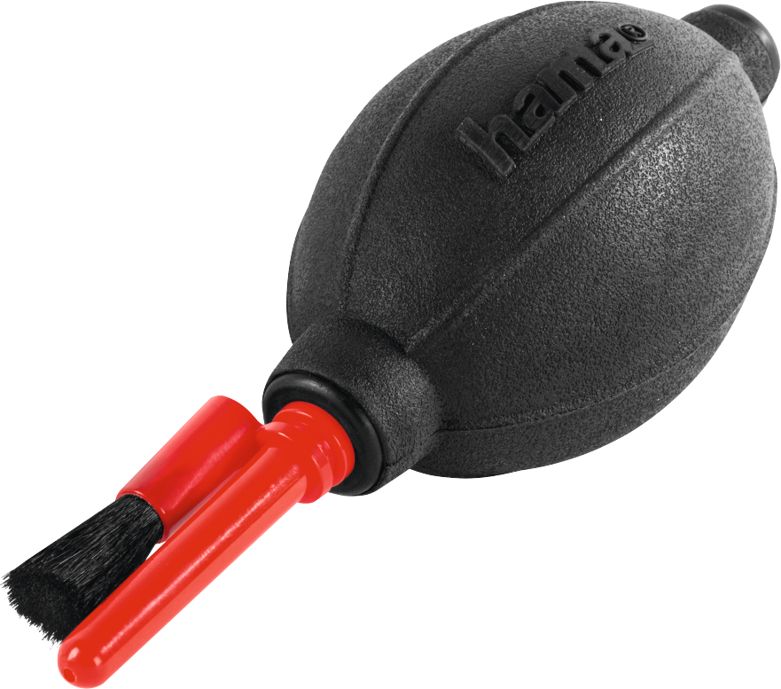 Souffleur d'air noir avec embout et brosse rouges. Fond noir.