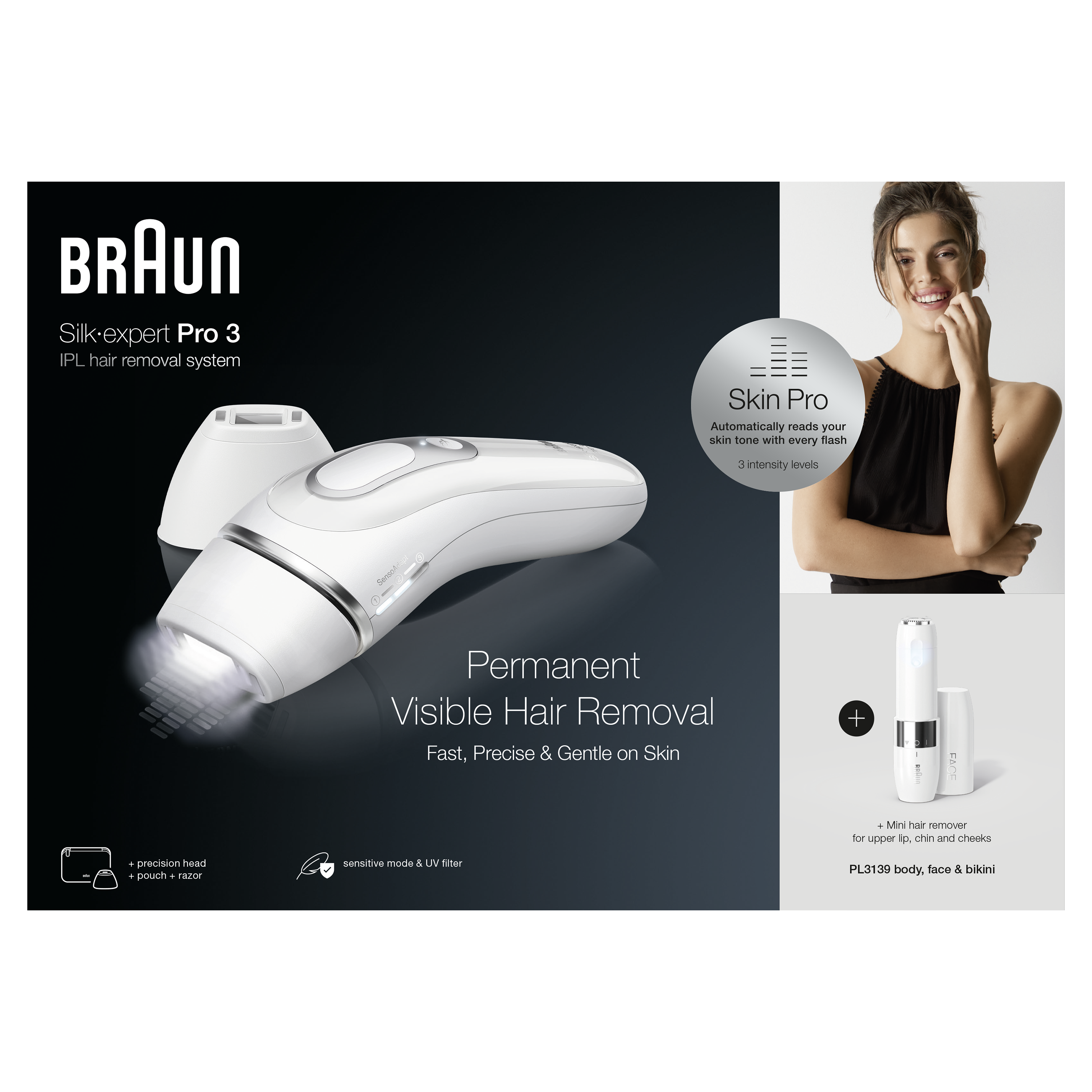 Braun Silk-expert Pro 3 tüy alma sisteminin ürün çekimi, bir kadının görüntüsüyle.