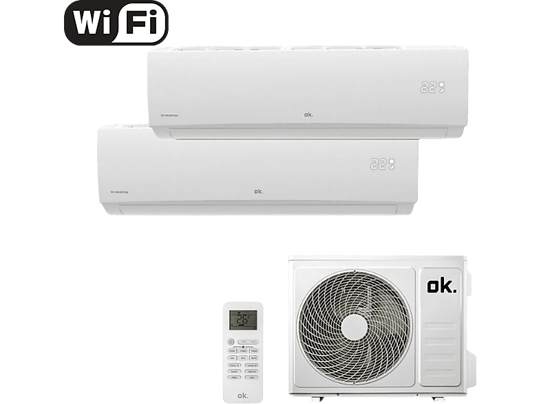 REACONDICIONADO Seminuevo Muy bueno Aire acondicionado - OK OAC 91218-22 MS SET ES, Split 2x1, 2300 fg/h + 3000 fg/h, Inverter, Bomba de calor, Blanco