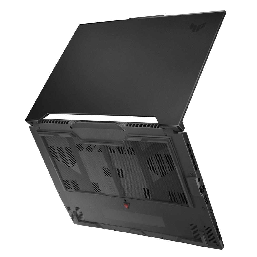 Ordenador portátil negro. La pantalla está abierta, mostrando partes del interior.