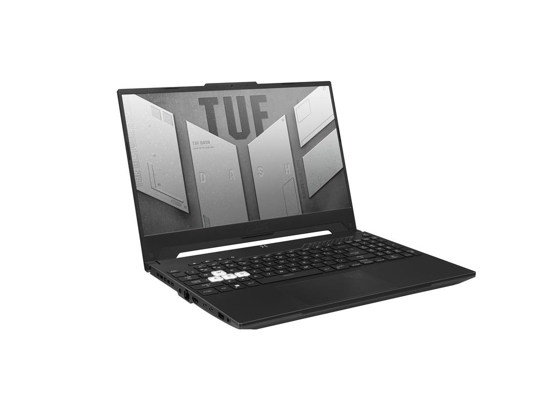 Una computadora portátil negra con teclado blanco, abierta sobre una superficie blanca.