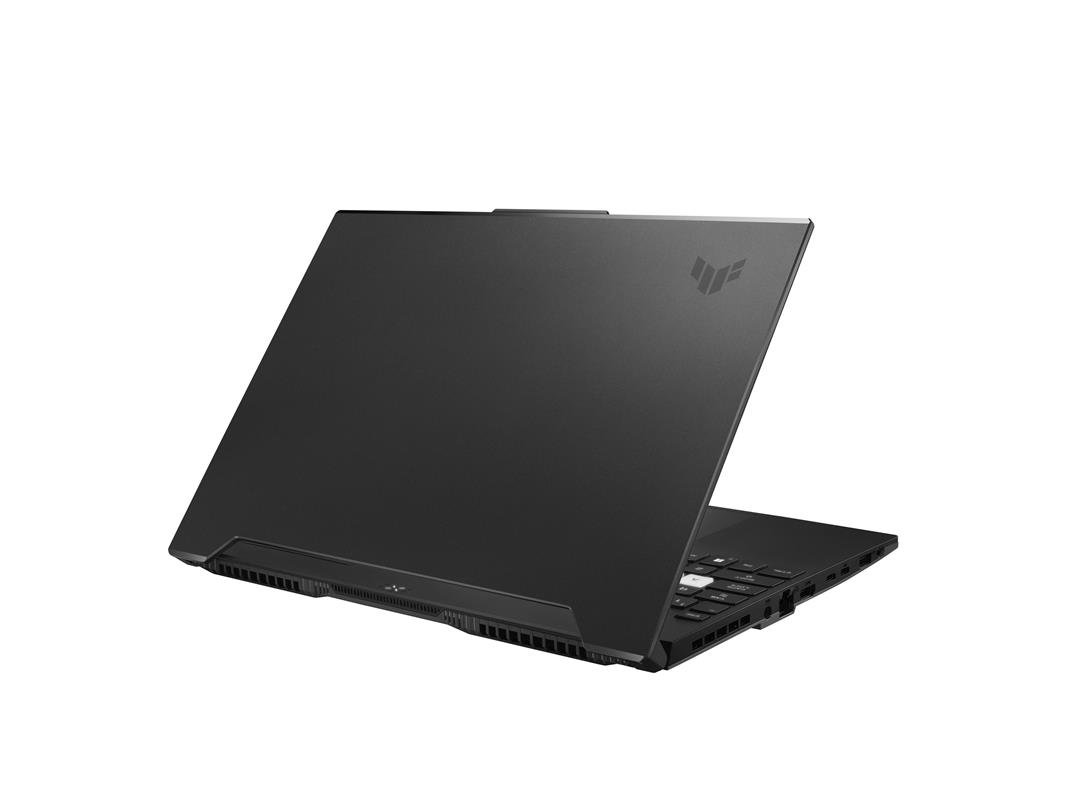 Portátil negro con logo ASUS TUF en la tapa, ligeramente abierto, sobre fondo blanco.