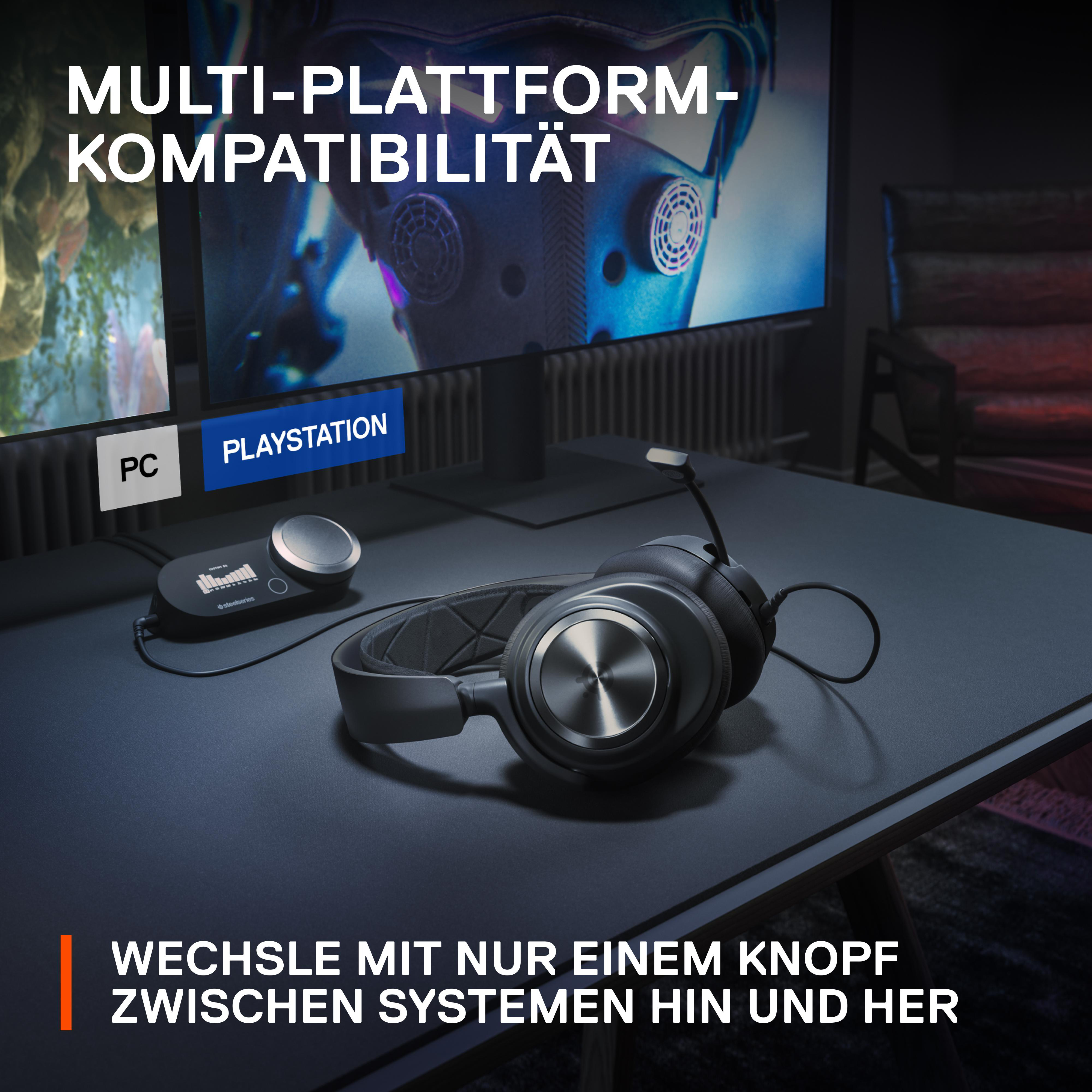 Schwarzes Headset mit Bedienfeld und Computerbildschirm mit Gameplay.
