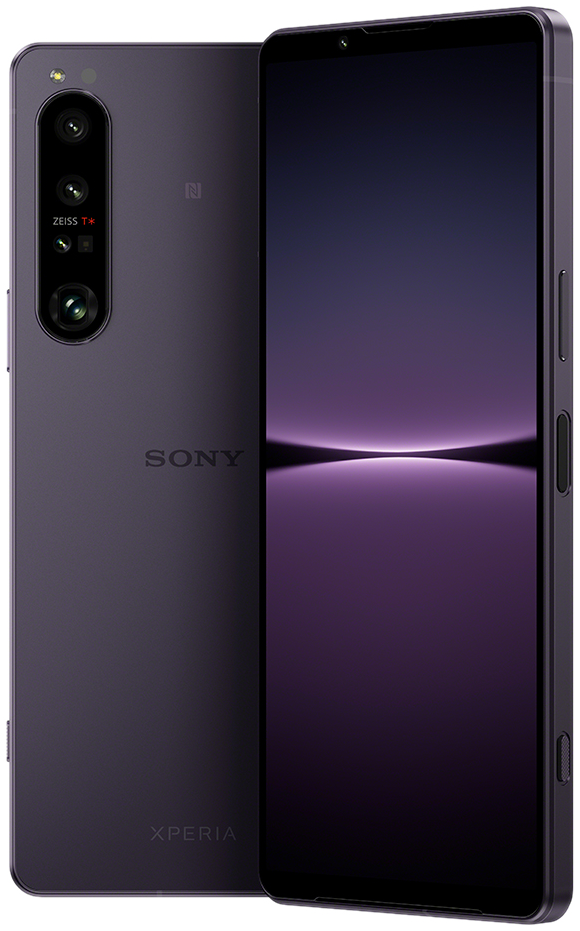 Paarse Sony Xperia telefoon, de achter- en voorkant tonend. De achterkant heeft het Sony logo.