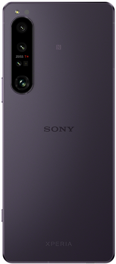 Een paarse smartphone, achteraanzicht, met drie camera's en het Sony-logo.