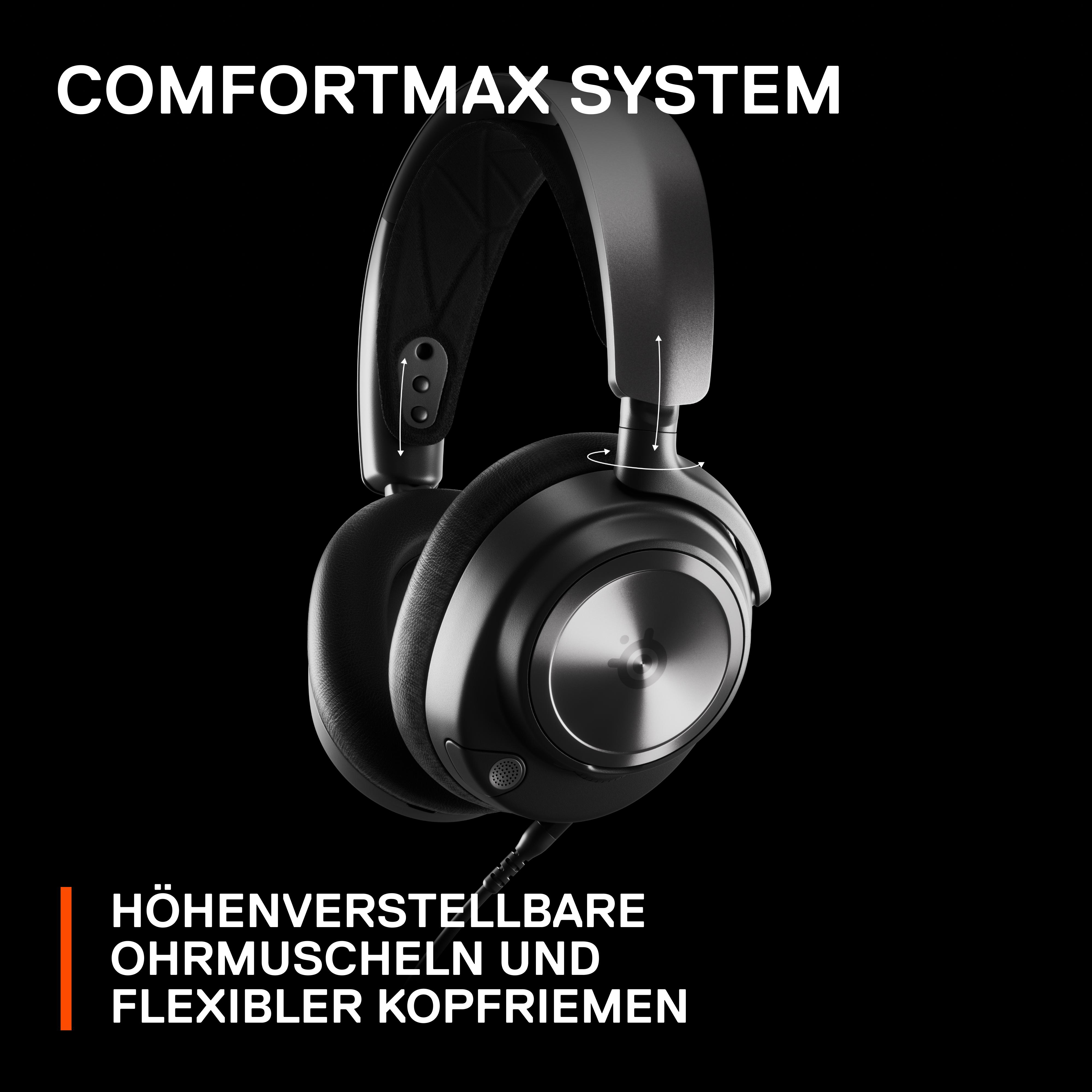 Schwarze Kopfhörer vor schwarzem Hintergrund. Text: COMFORTMAX SYSTEM und verstellbare Ohrmuscheln.