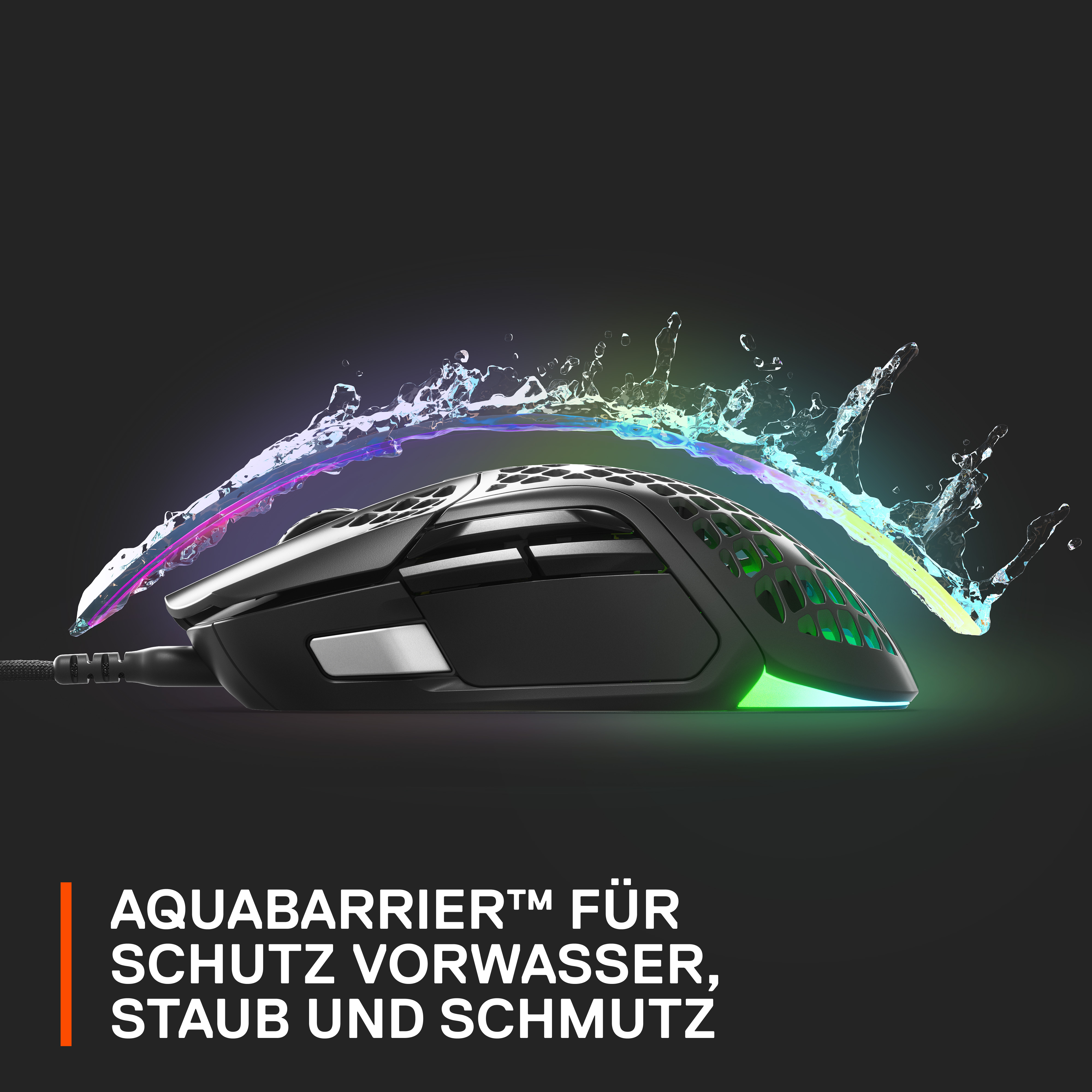 Schwarze Gaming-Maus mit farbenfrohem Wasserspritzeffekt, der Lichtelemente zeigt.