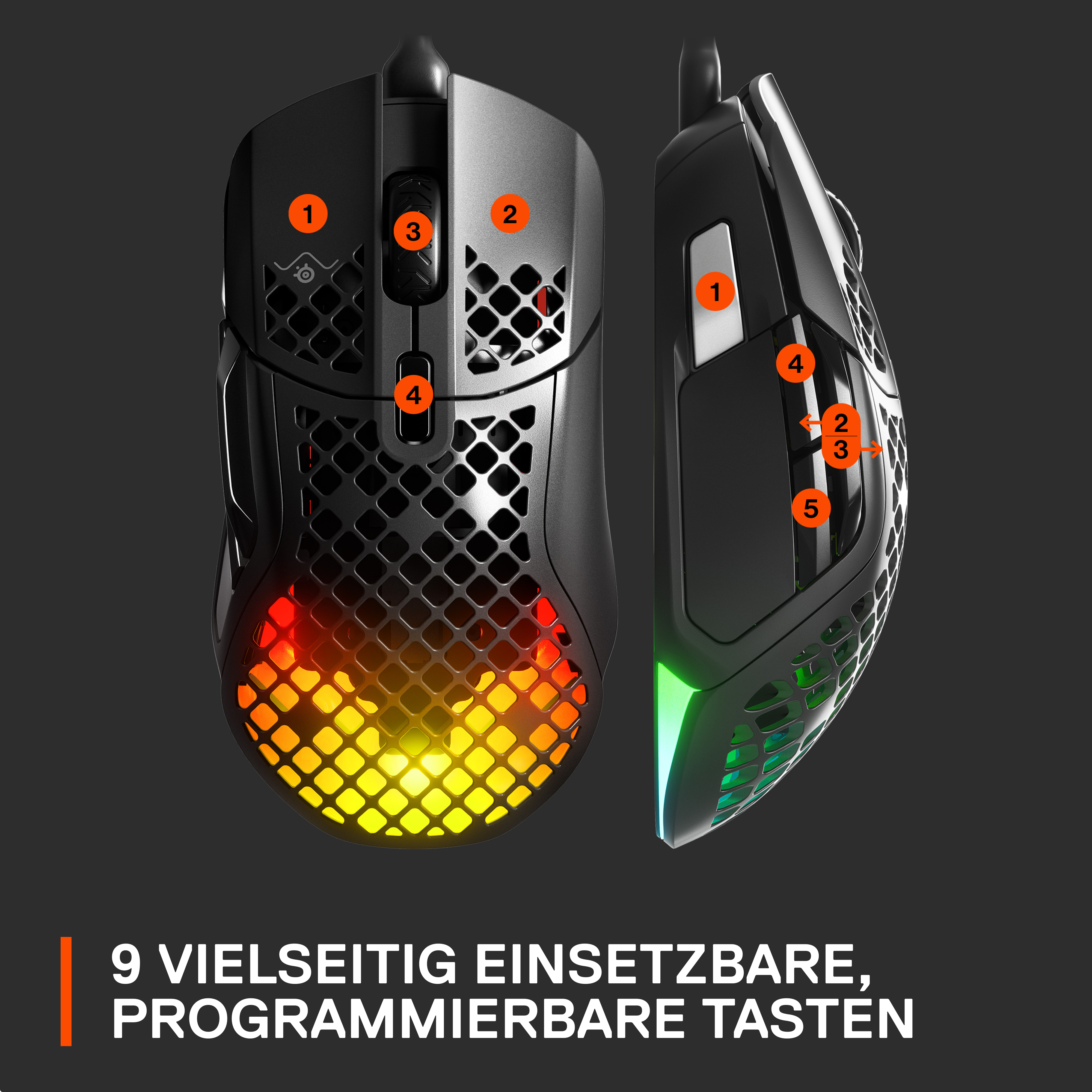 Eine schwarze Gaming-Maus mit nummerierten Tasten und Lichteffekten auf schwarzem Hintergrund.