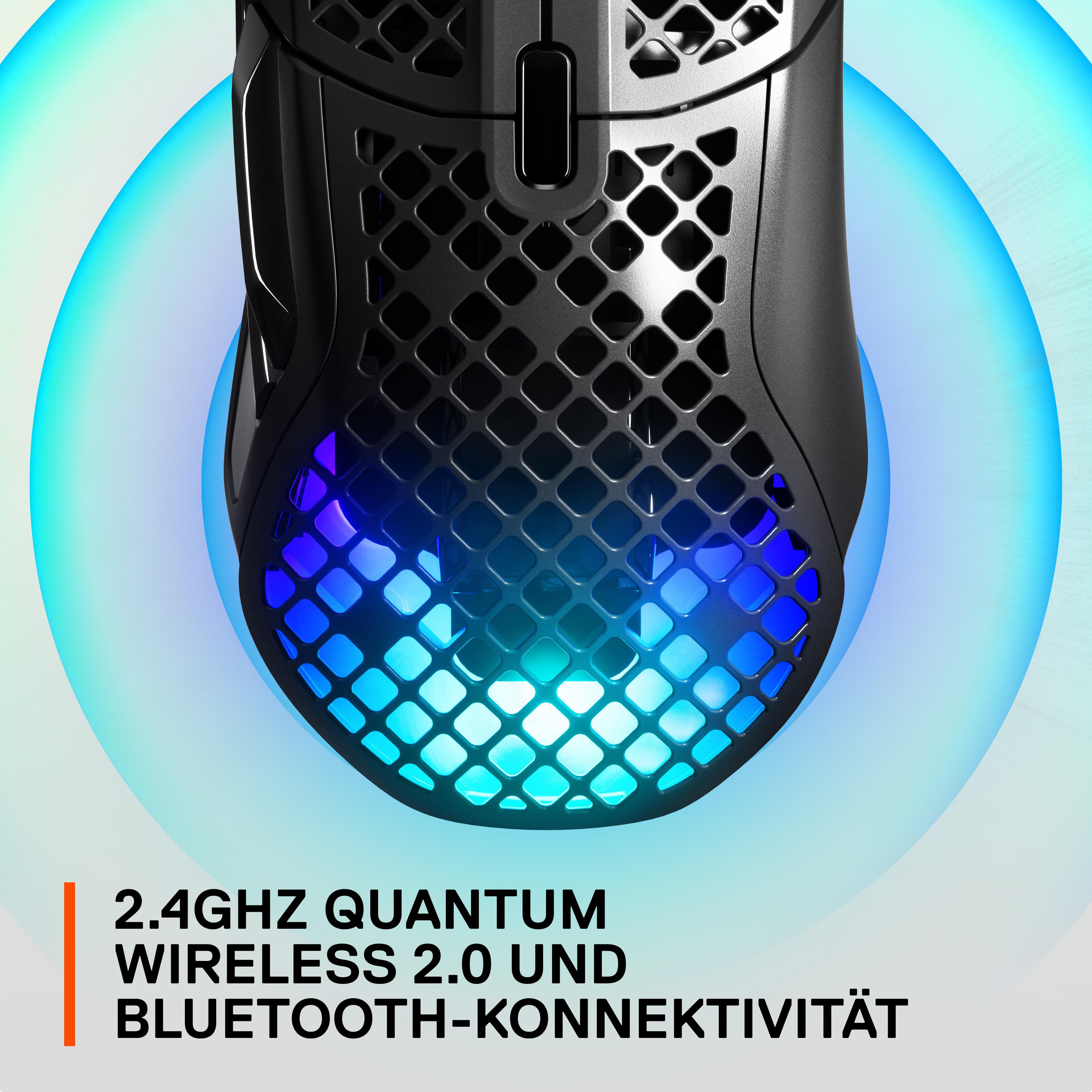 Schwarze Gaming-Maus mit bunter Beleuchtung um einen leuchtenden Kreis.