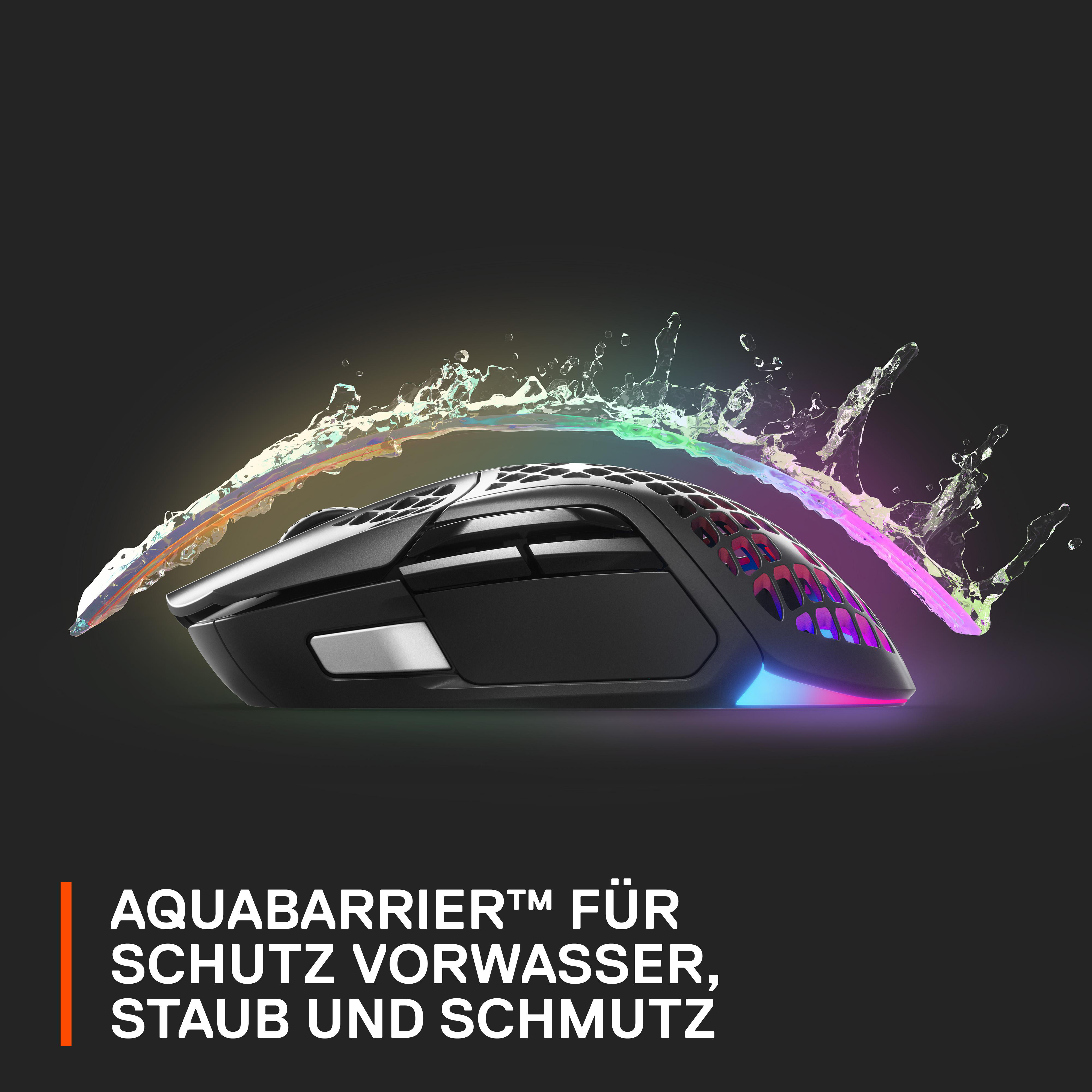 Schwarze Gaming-Maus mit farbenfrohem Wasserspritzeffekt. Text: AQUABARRIER™ ZUM SCHUTZ.