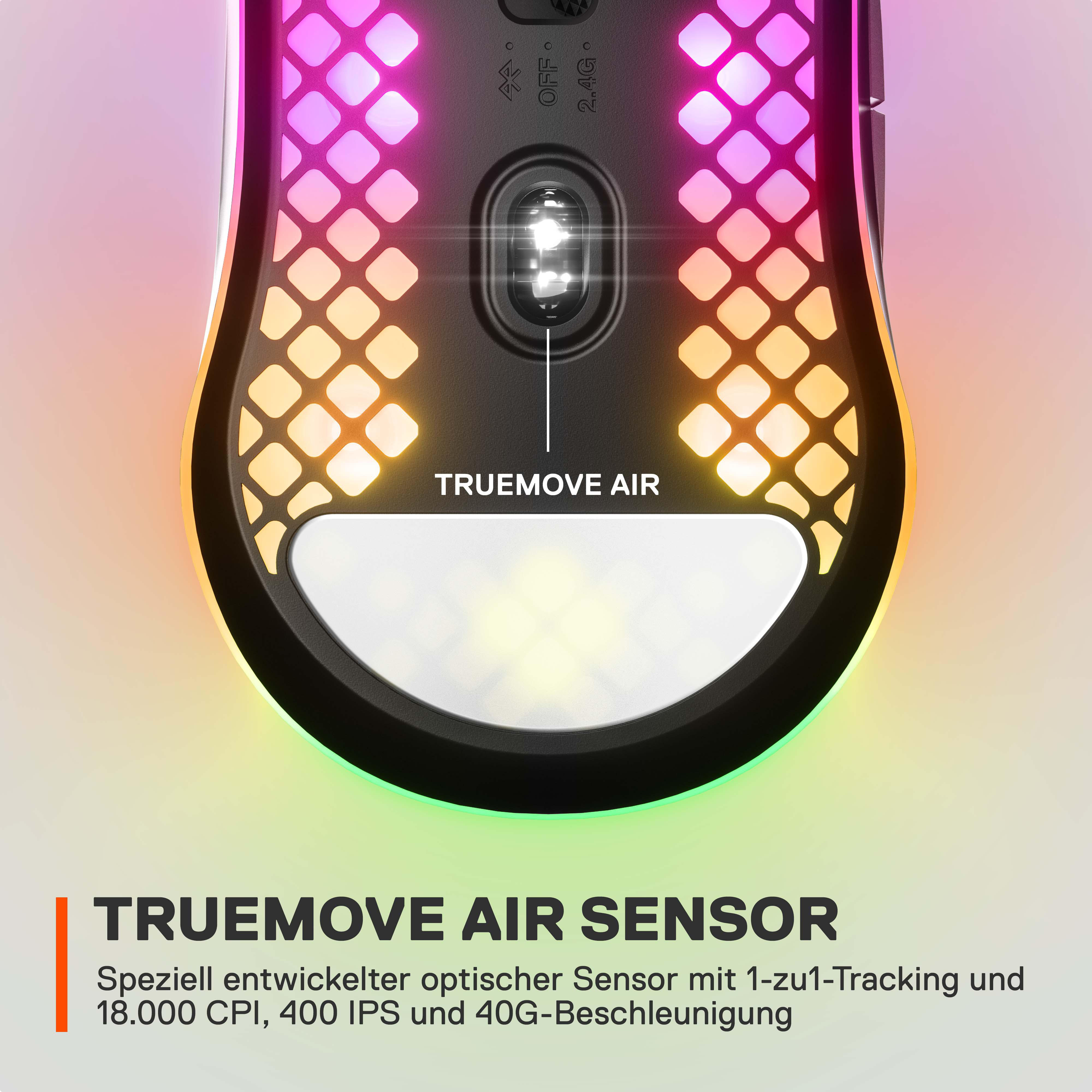 Gaming-Maus mit bunten Lichtern und Text 'TRUEMOVE AIR' auf dem Sensor.
