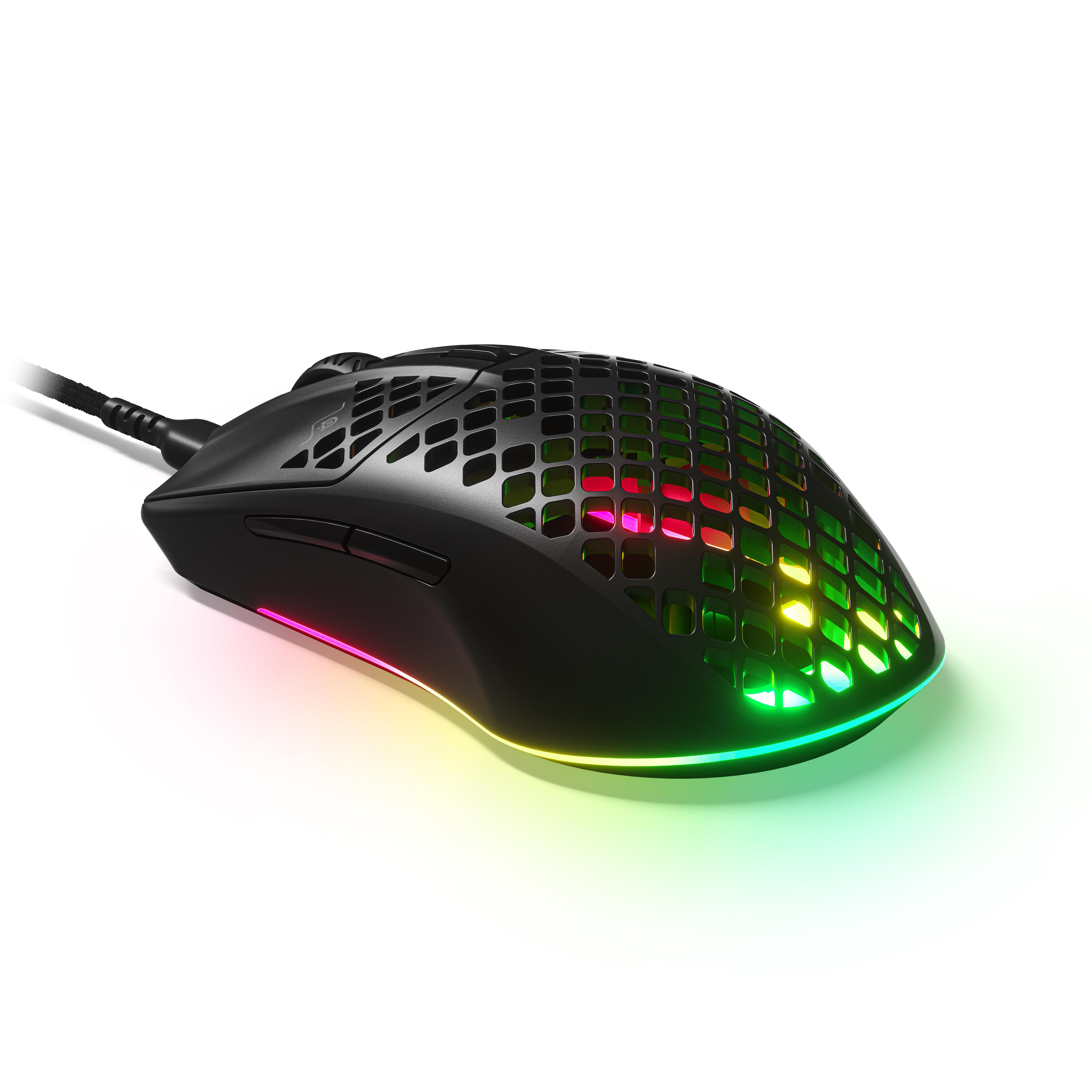 Schwarze Gaming-Maus mit Wabenmuster und mehrfarbiger LED-Beleuchtung.
