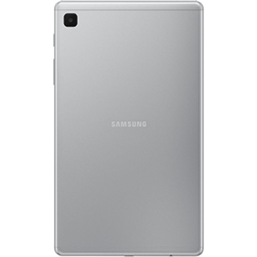 Kamera ve Samsung logosu ile gümüş bir tabletin arka görünümü.
