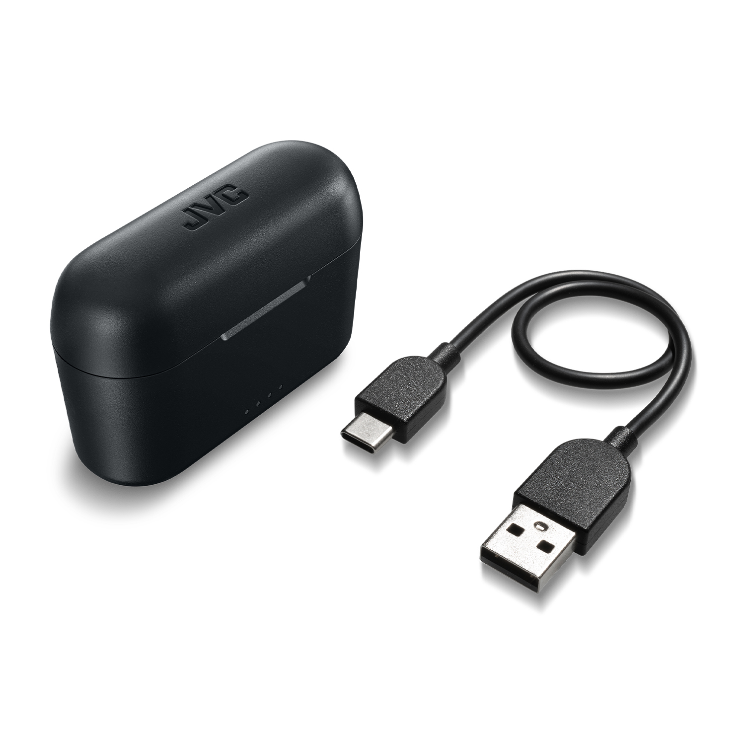 Custodia per auricolari JVC nera, un cavo USB-C e un cavo USB sono mostrati.