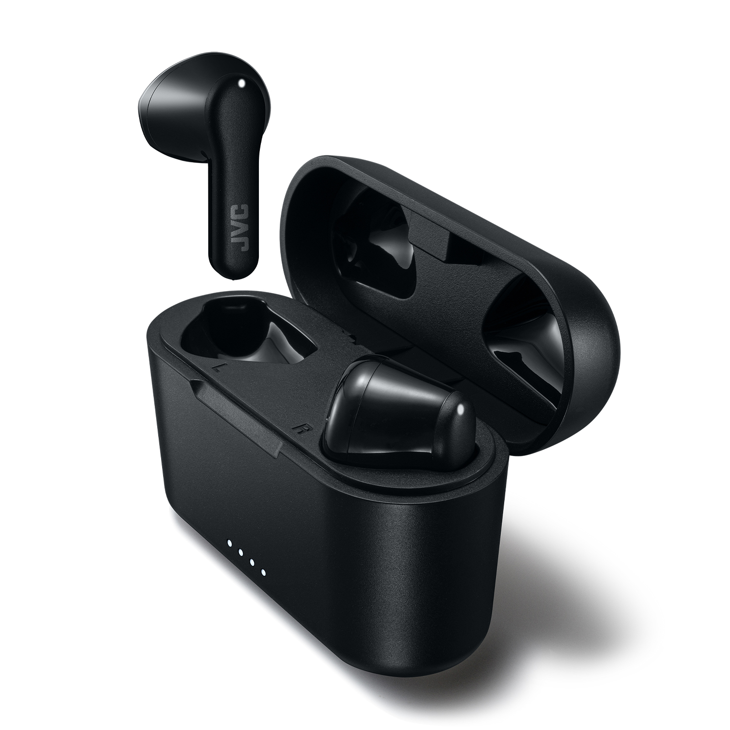 Auricolari wireless JVC neri con custodia di ricarica, sfondo bianco.