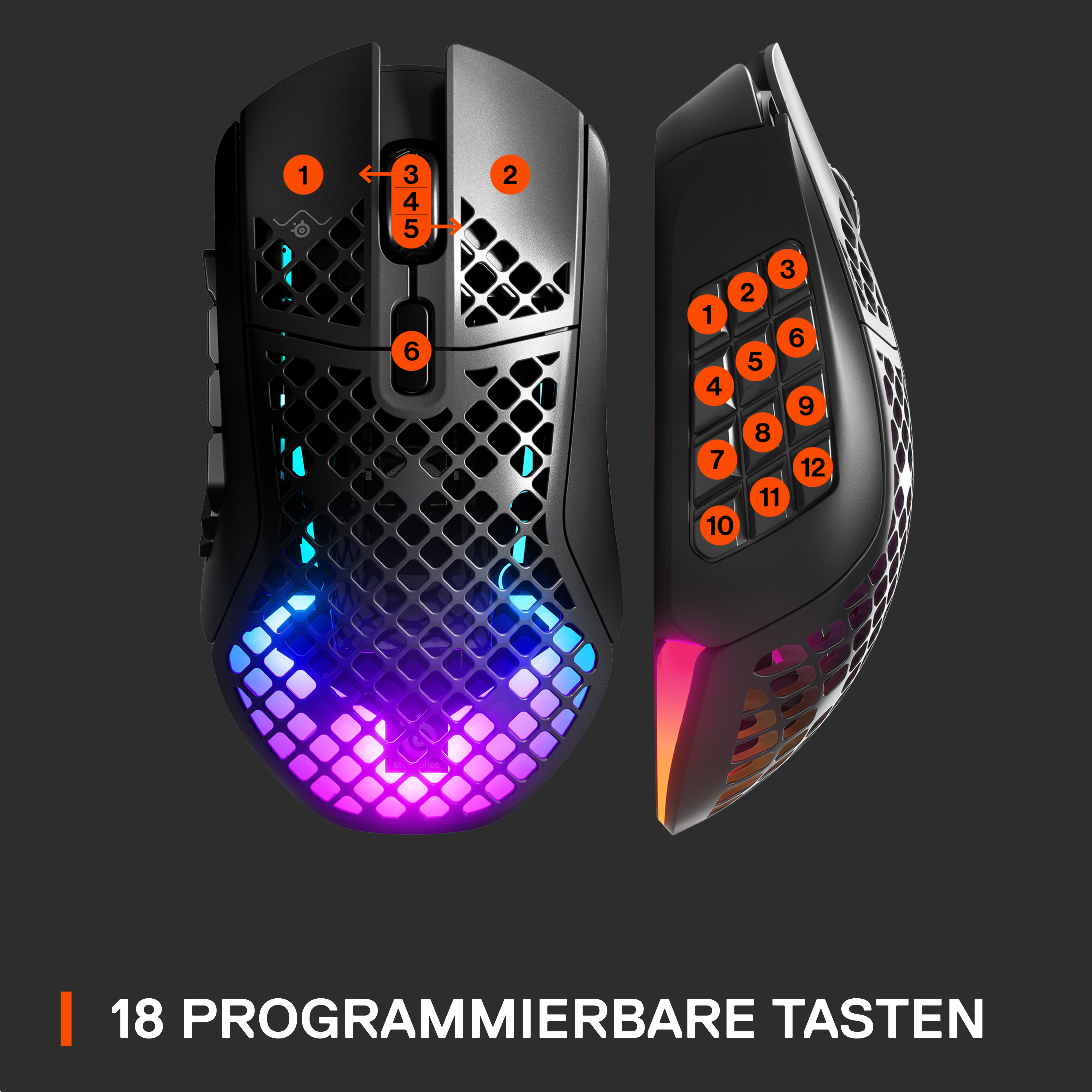 Schwarze Gaming-Maus mit 18 programmierbaren Tasten. Die Maus hat ein Wabenmuster und RGB-Beleuchtung.