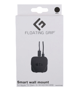 Eine Smart-Wandhalterung für Apple TV in einer weißen Box mit Produktinformationen.