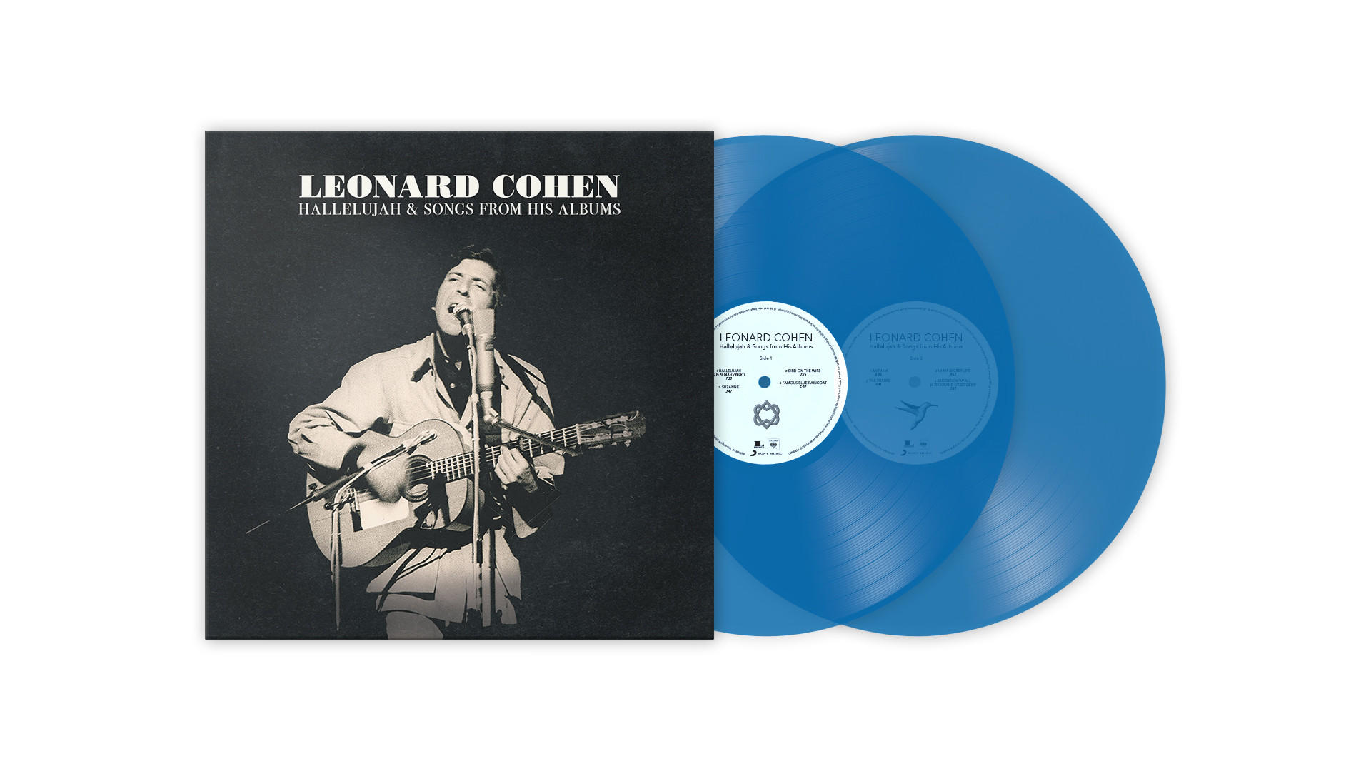 Albumcover und zwei blaue Vinylplatten. Cover zeigt Schwarzweißfoto eines Sängers.