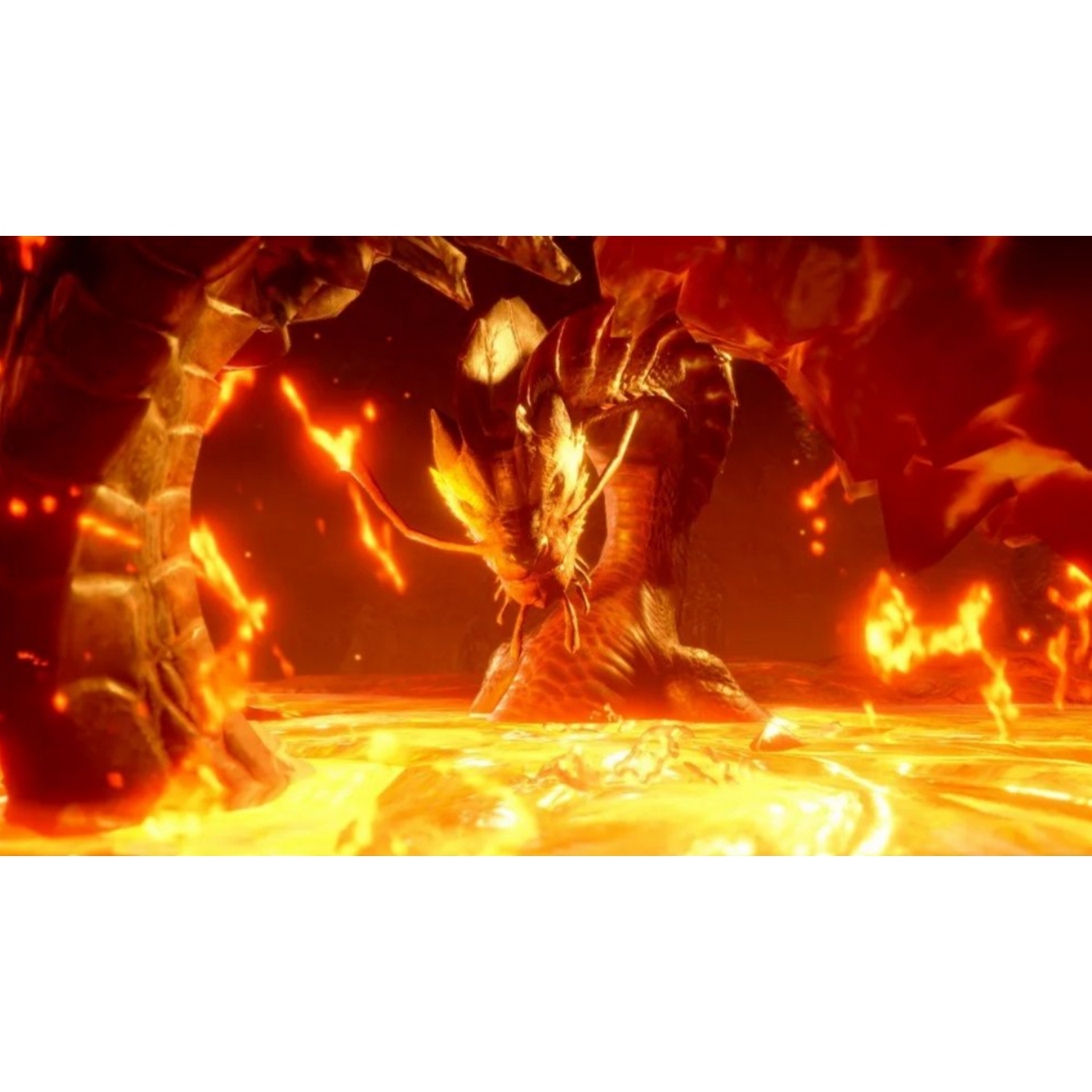 Un dragón en un paisaje volcánico. Lava roja y fuego por todas partes, en una cueva.