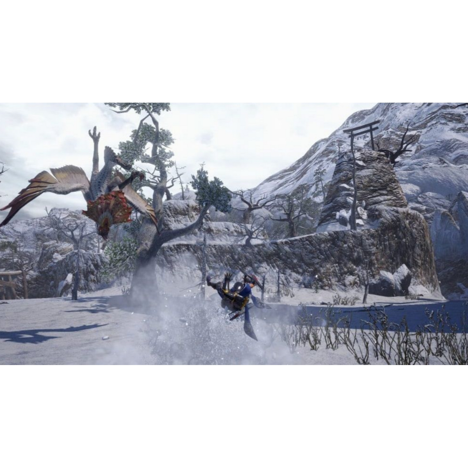 Una escena nevada con una criatura voladora y una persona saltando en la nieve.