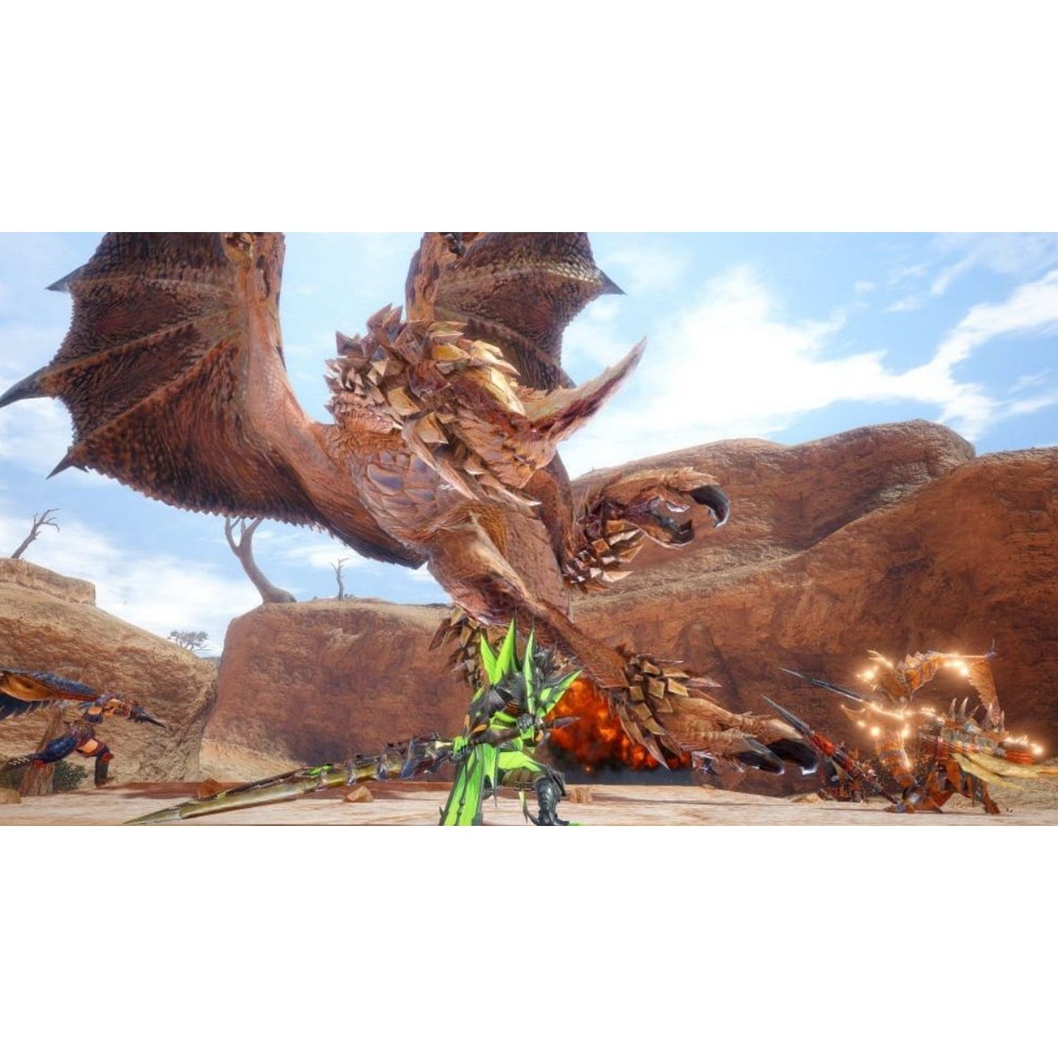 Escena del juego Monster Hunter. Un gran monstruo luchando con cazadores.