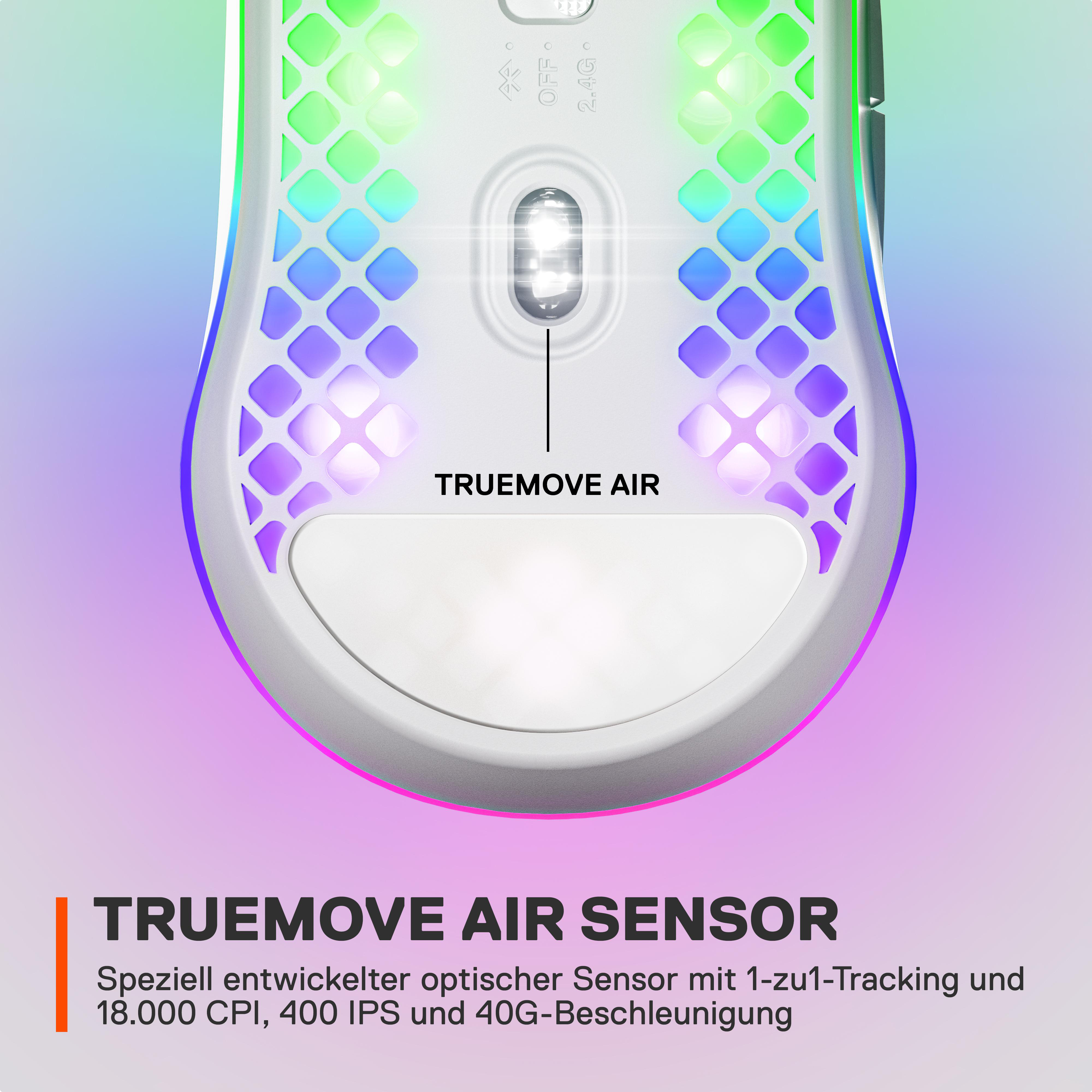 Weiße Gaming-Maus mit RGB-Beleuchtung. Verfügt über einen Truemove Air Sensor und ein Waben-Design.