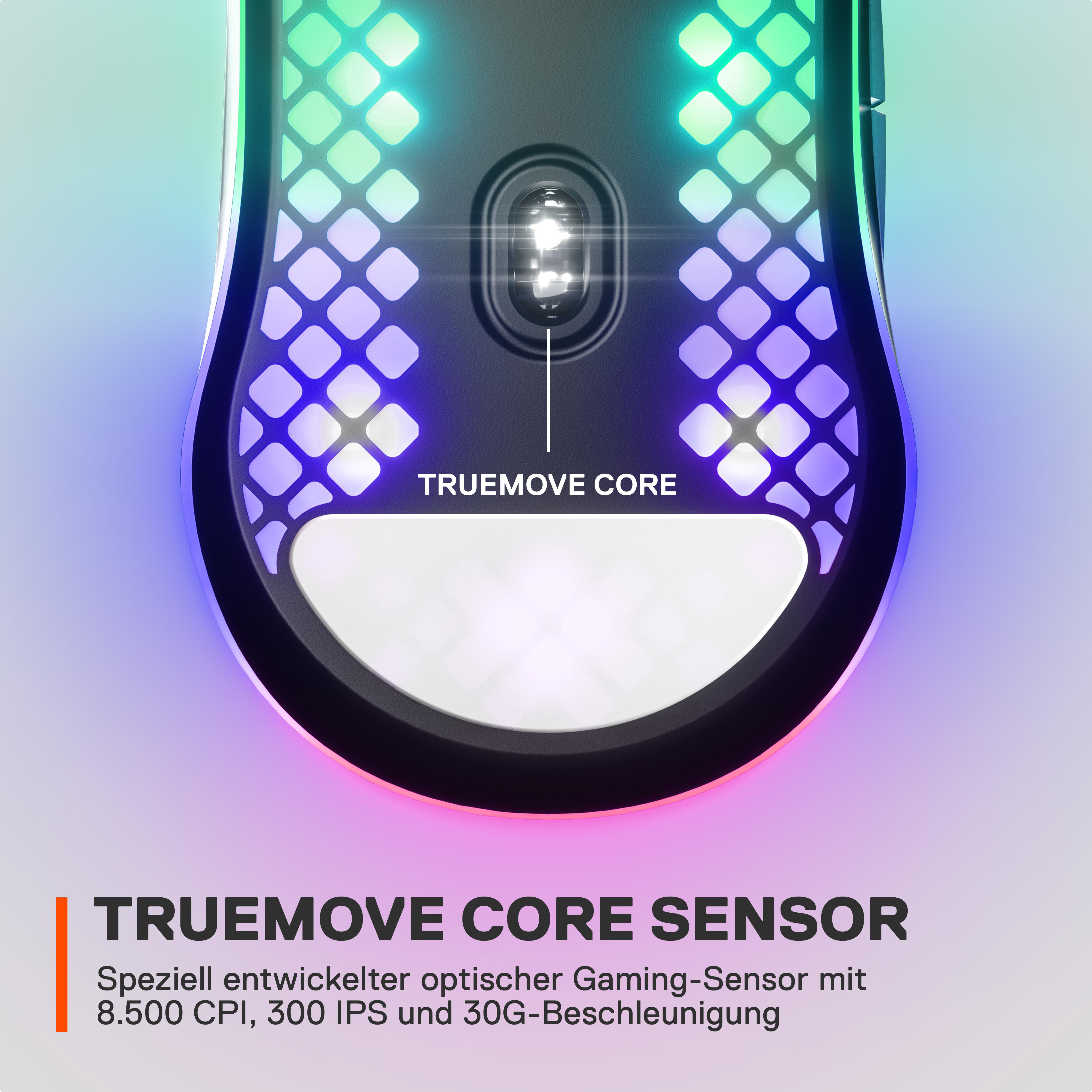 Eine schwarze und RGB Gaming-Maus mit dem Text: TRUEMOVE CORE SENSOR.