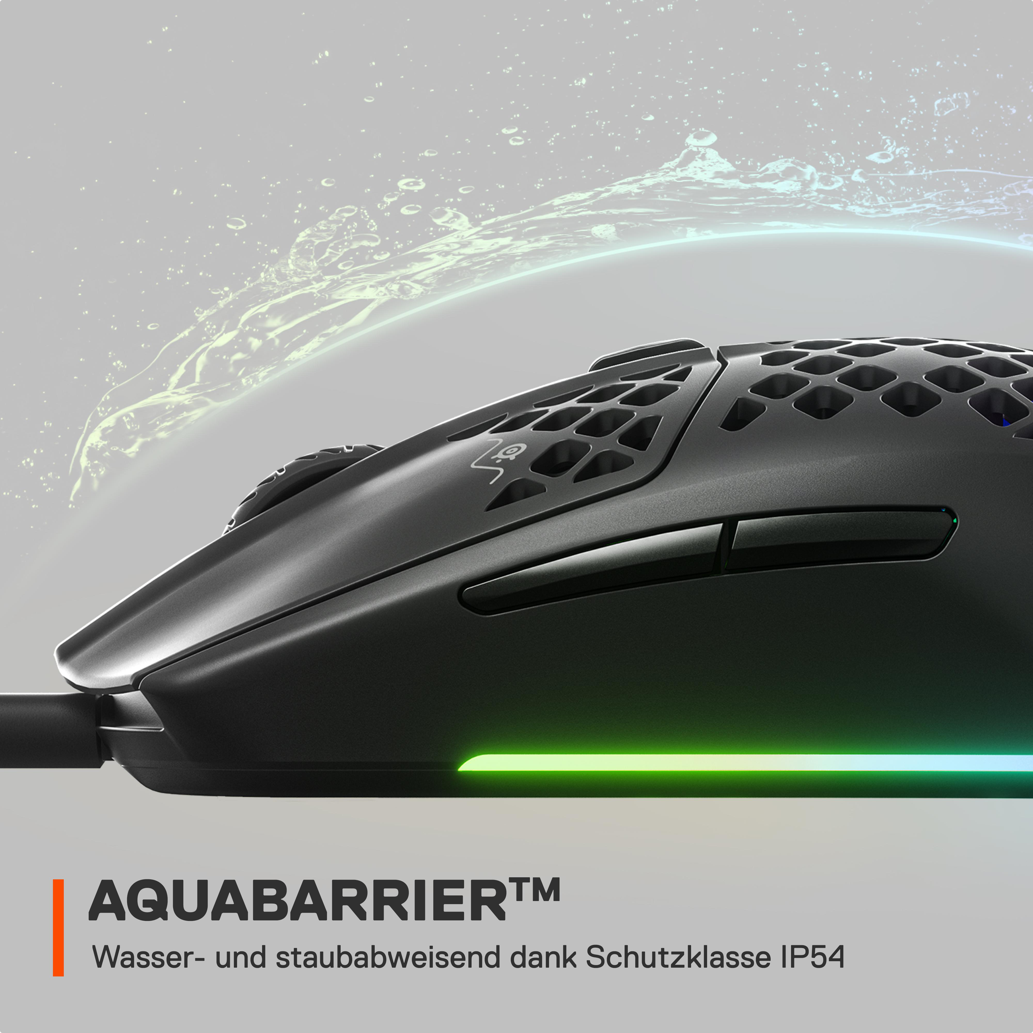 Eine schwarze Gaming-Maus mit Wabenmuster. Sie hat ein grünes und blaues Licht.