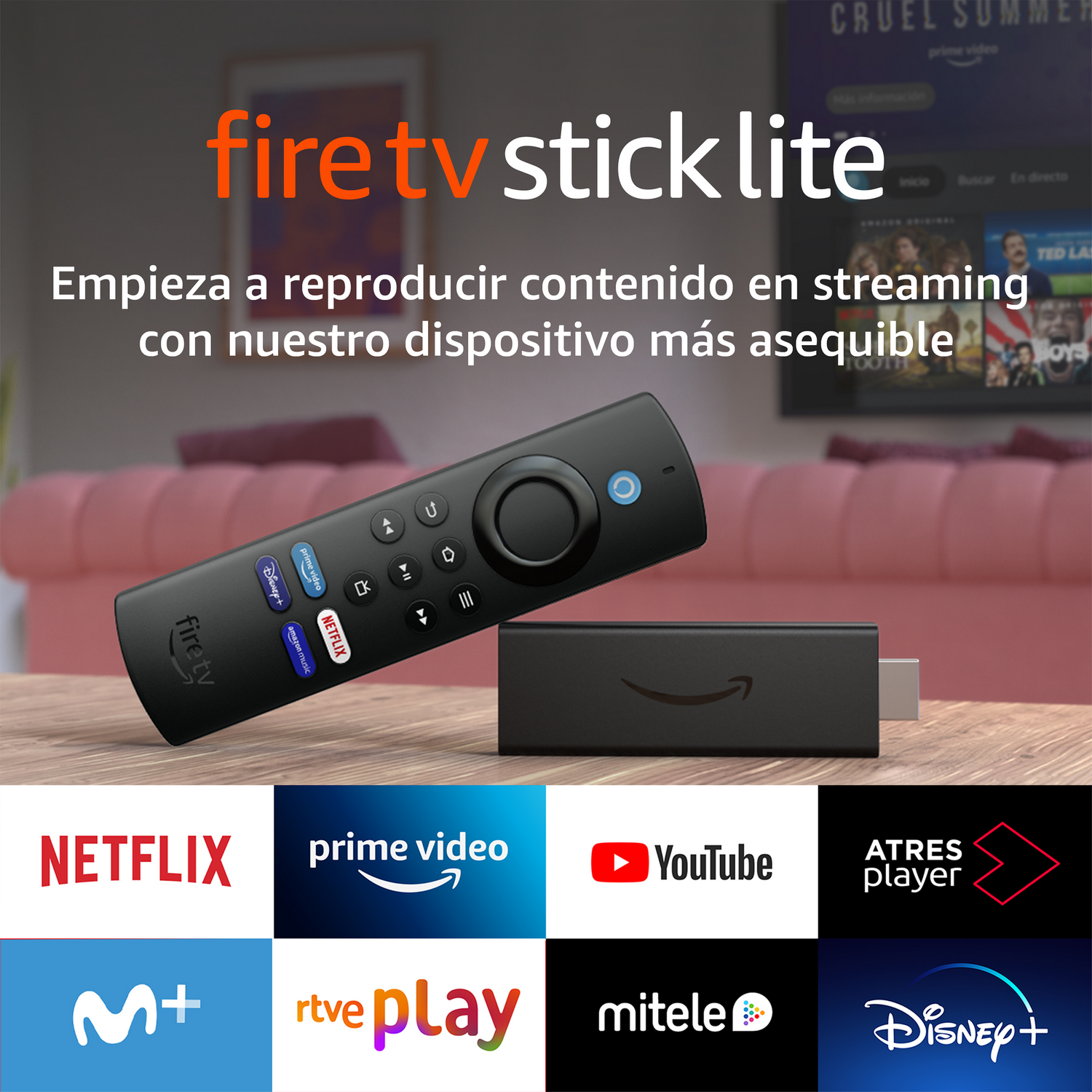 Fire TV Stick Lite, mando y logos de apps de streaming.