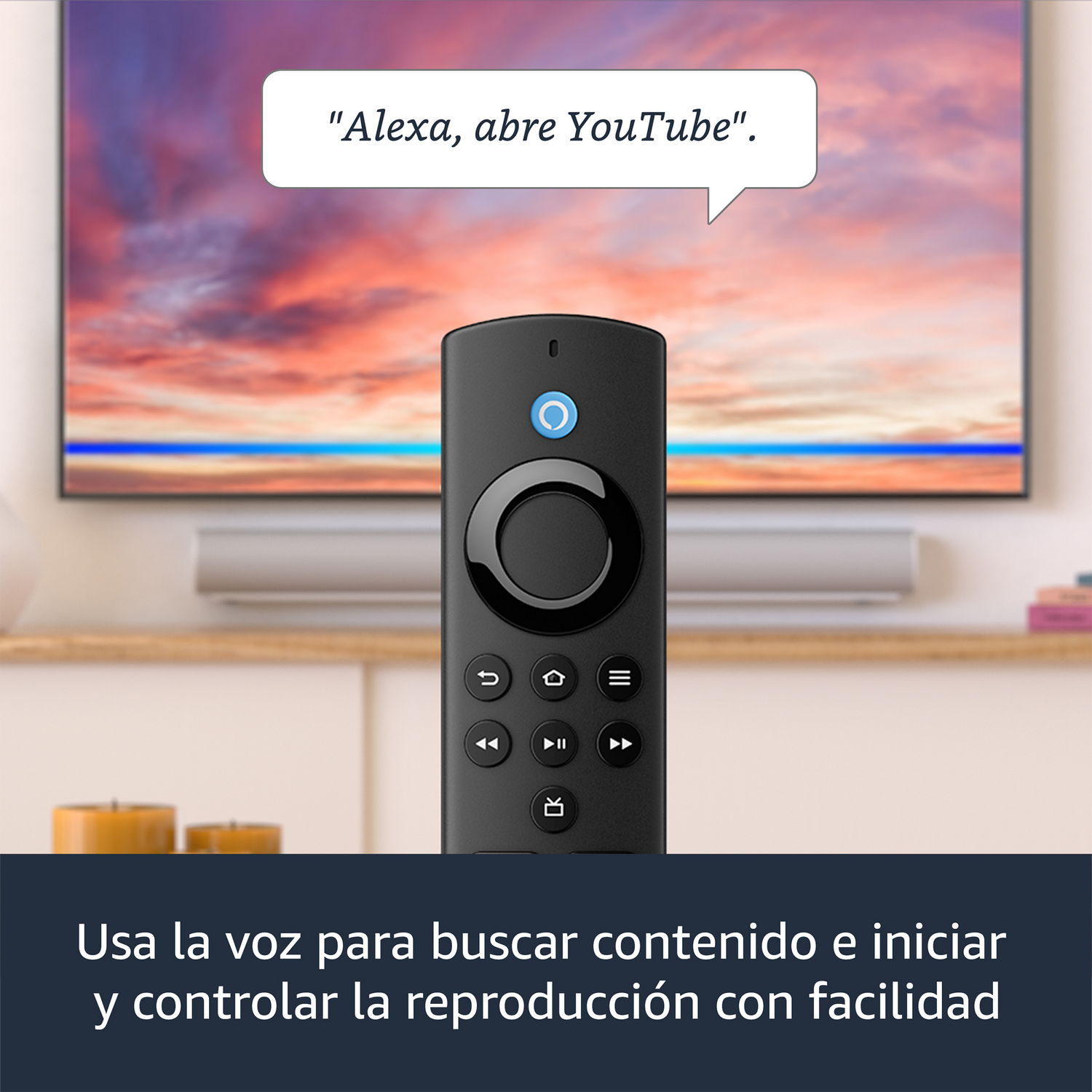 Pantalla de TV con mando a distancia, mostrando una escena de atardecer.