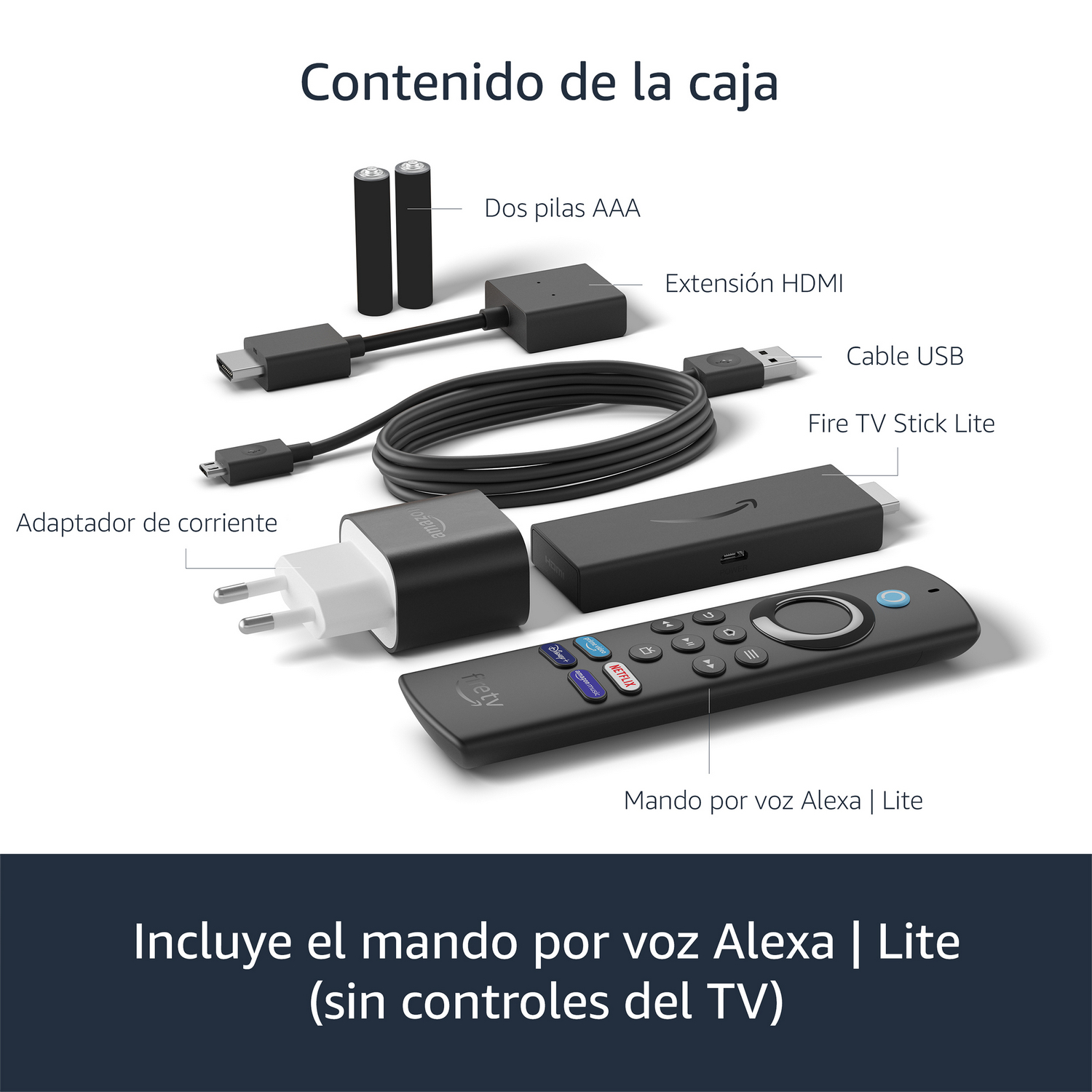 Contenido de la caja de Fire TV Stick Lite, incluyendo mando, adaptador y más.