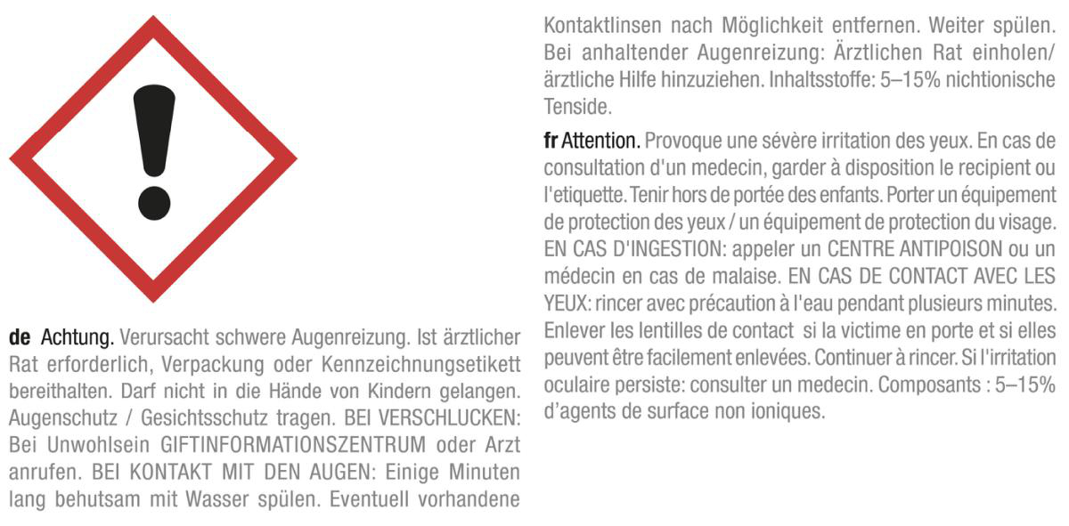 Warnschild mit Text in mehreren Sprachen zu Augenreizungen und Verletzungen.