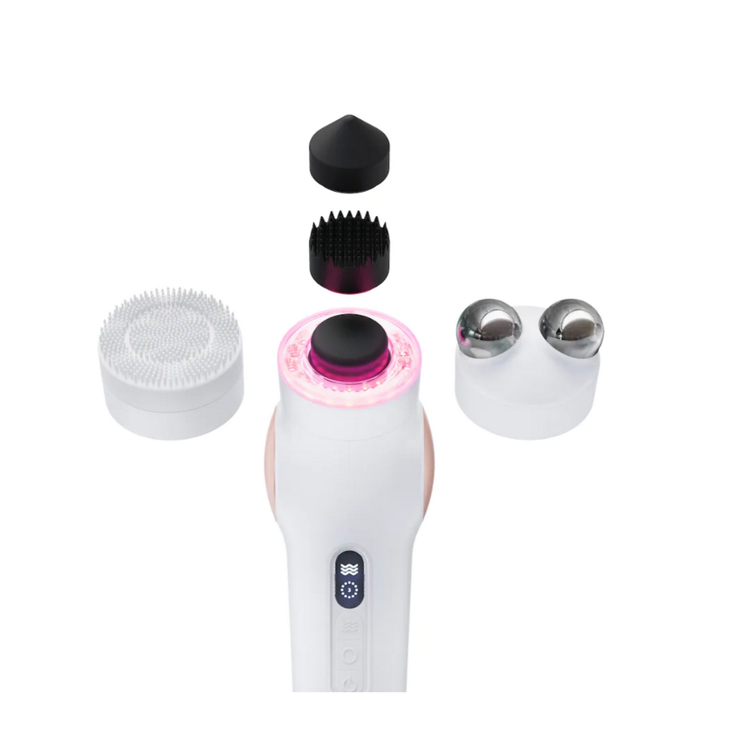 Dispositivo de tratamiento facial con accesorios intercambiables; un cepillo redondo, una cabeza puntiaguda y dos esferas metálicas.