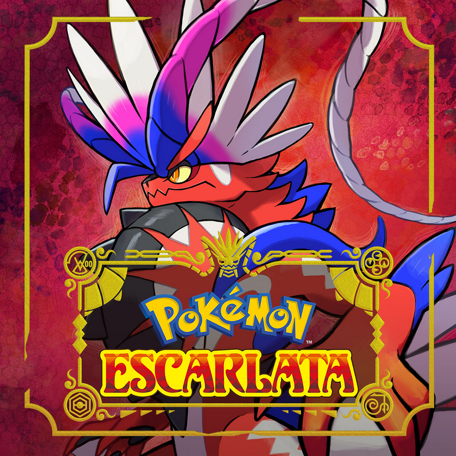 Portada del juego Pokémon Escarlata. Criatura roja con detalles azules y blancos, acentos dorados y texto.