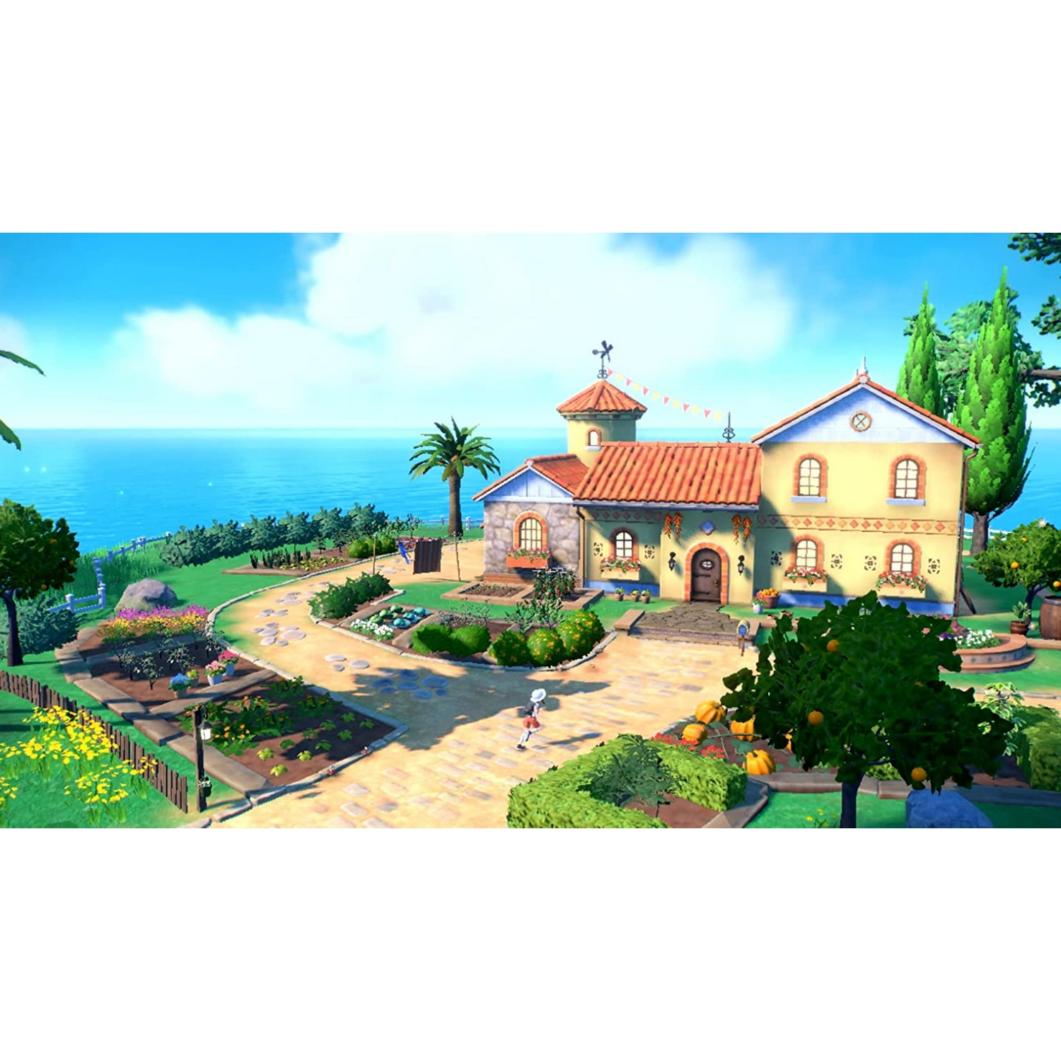 Una captura de pantalla del juego de un pueblo con un edificio con tejado rojo y palmeras. Día soleado.