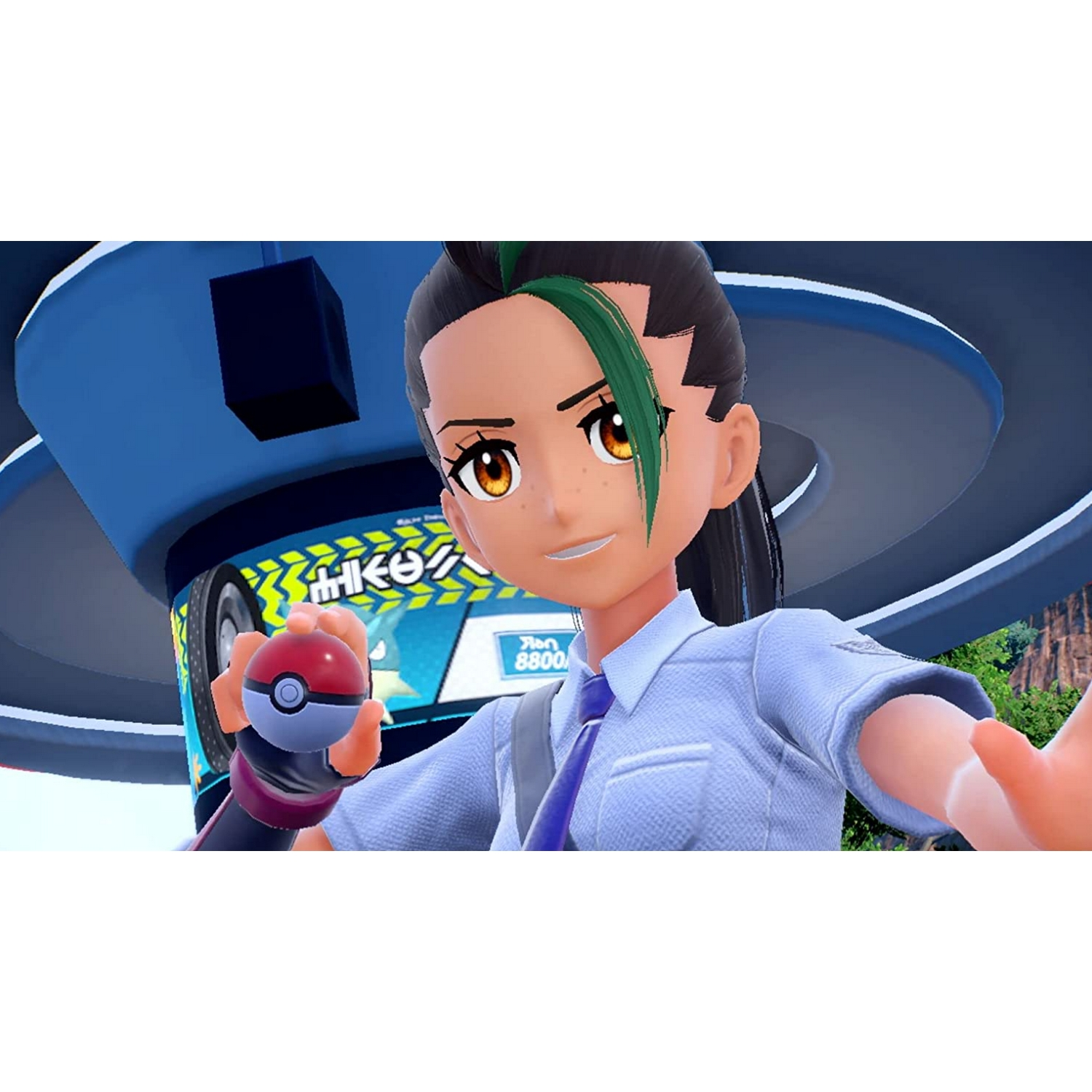 Un personaje de dibujos animados sosteniendo una Poké Ball con un fondo azul. El personaje sonríe.
