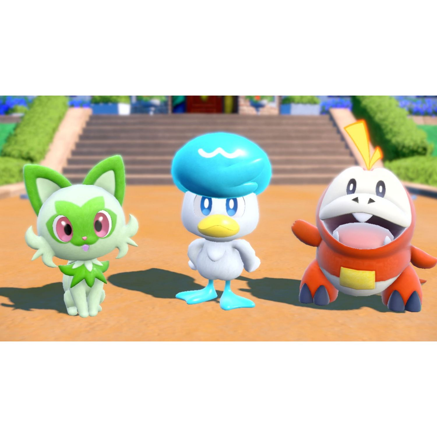 Tres personajes de Pokémon: una criatura verde con forma de gato, un pato con cabeza azul y una criatura naranja con forma de cocodrilo.