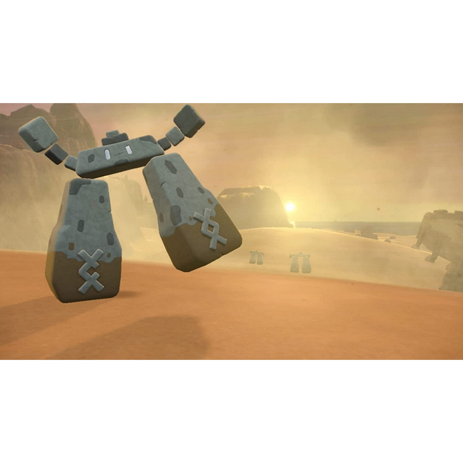 Una escena desértica con grandes estructuras de piedra, posiblemente de un videojuego, en un atardecer.
